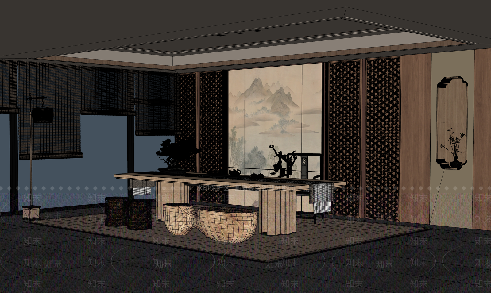 新中式茶室SU模型下载【ID:1191501225】