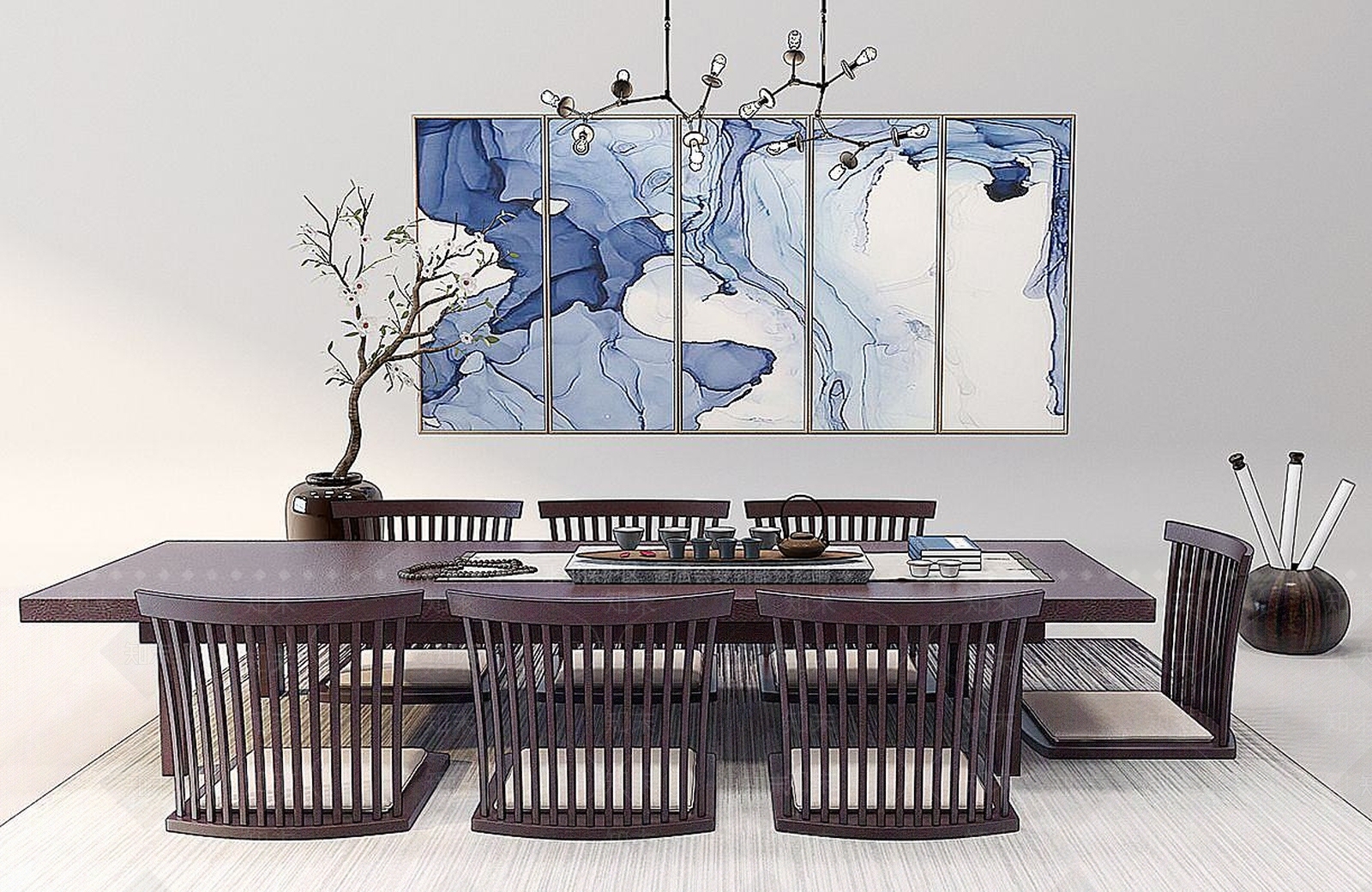 现代茶桌椅组合陶罐茶具3D模型下载【ID:1191523619】