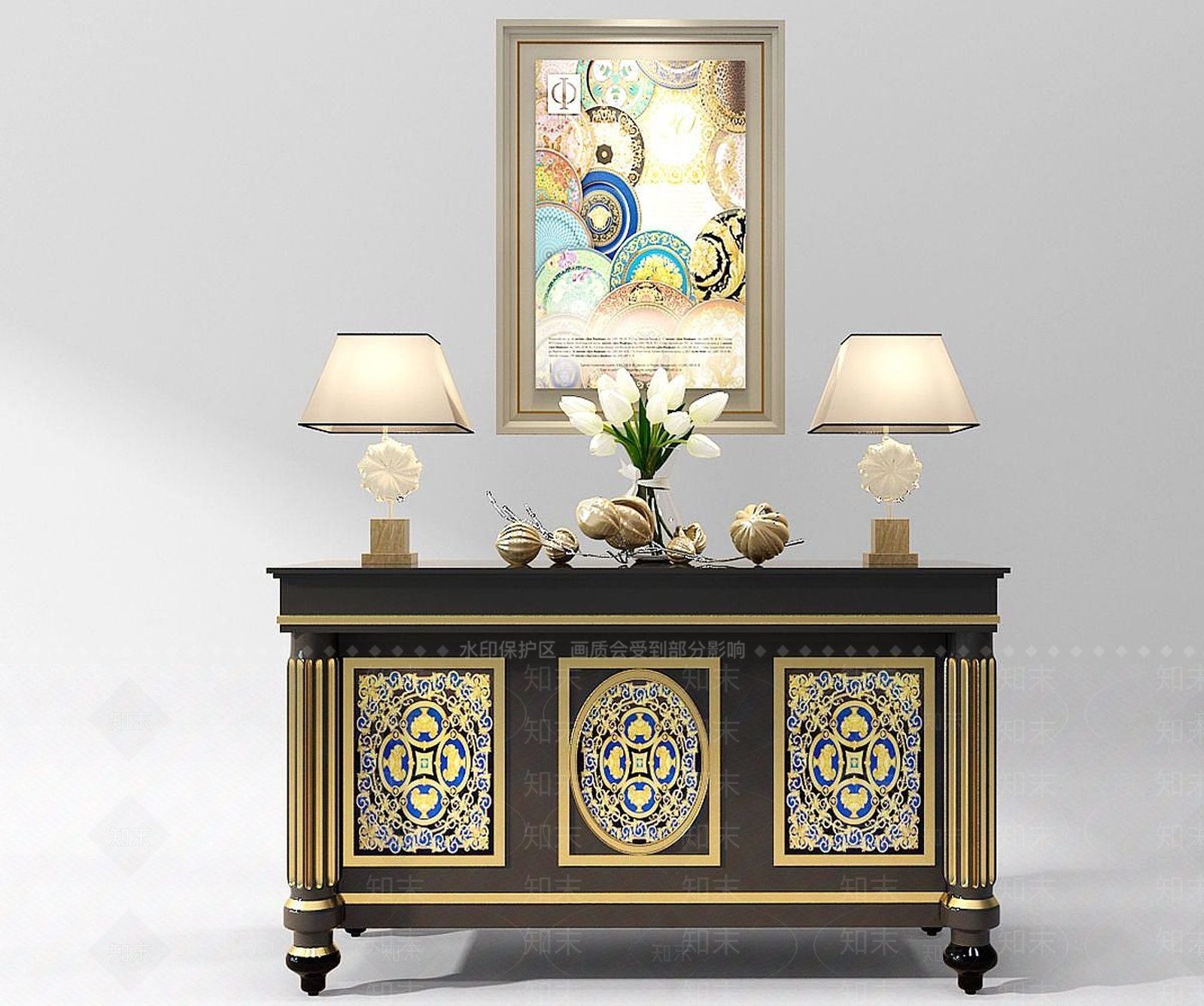 欧式古典欧式装饰柜玄关柜台灯3D模型下载【ID:1191524929】