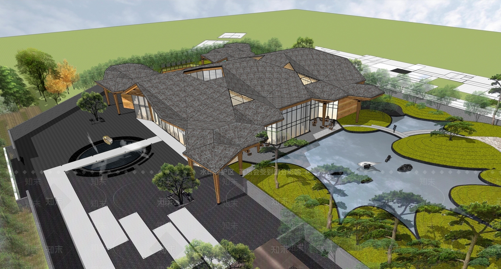 现代新中式售楼处建筑SU模型下载【ID:1191530928】