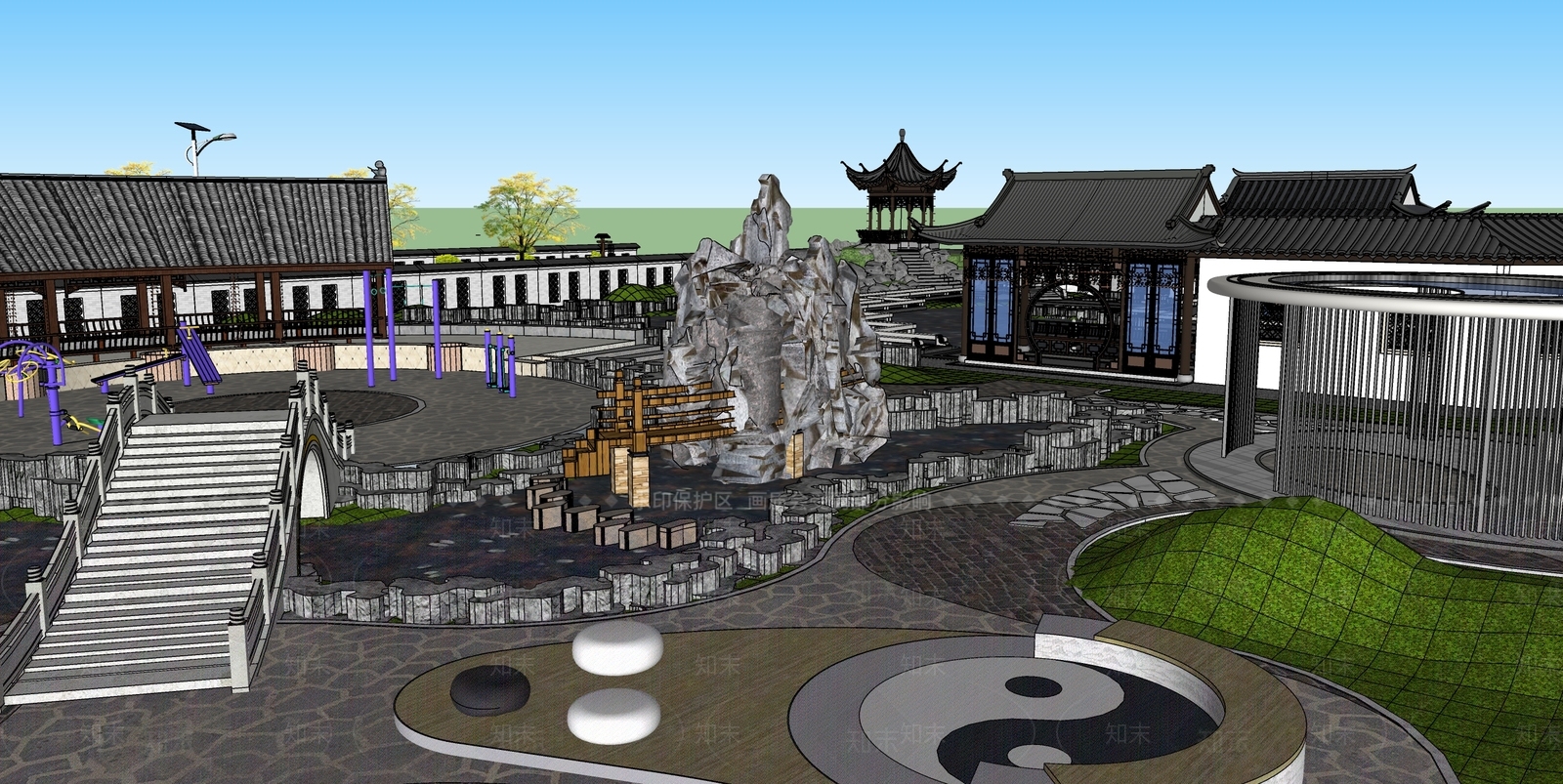 新中式现代广场景观SU模型下载【ID:1191550420】
