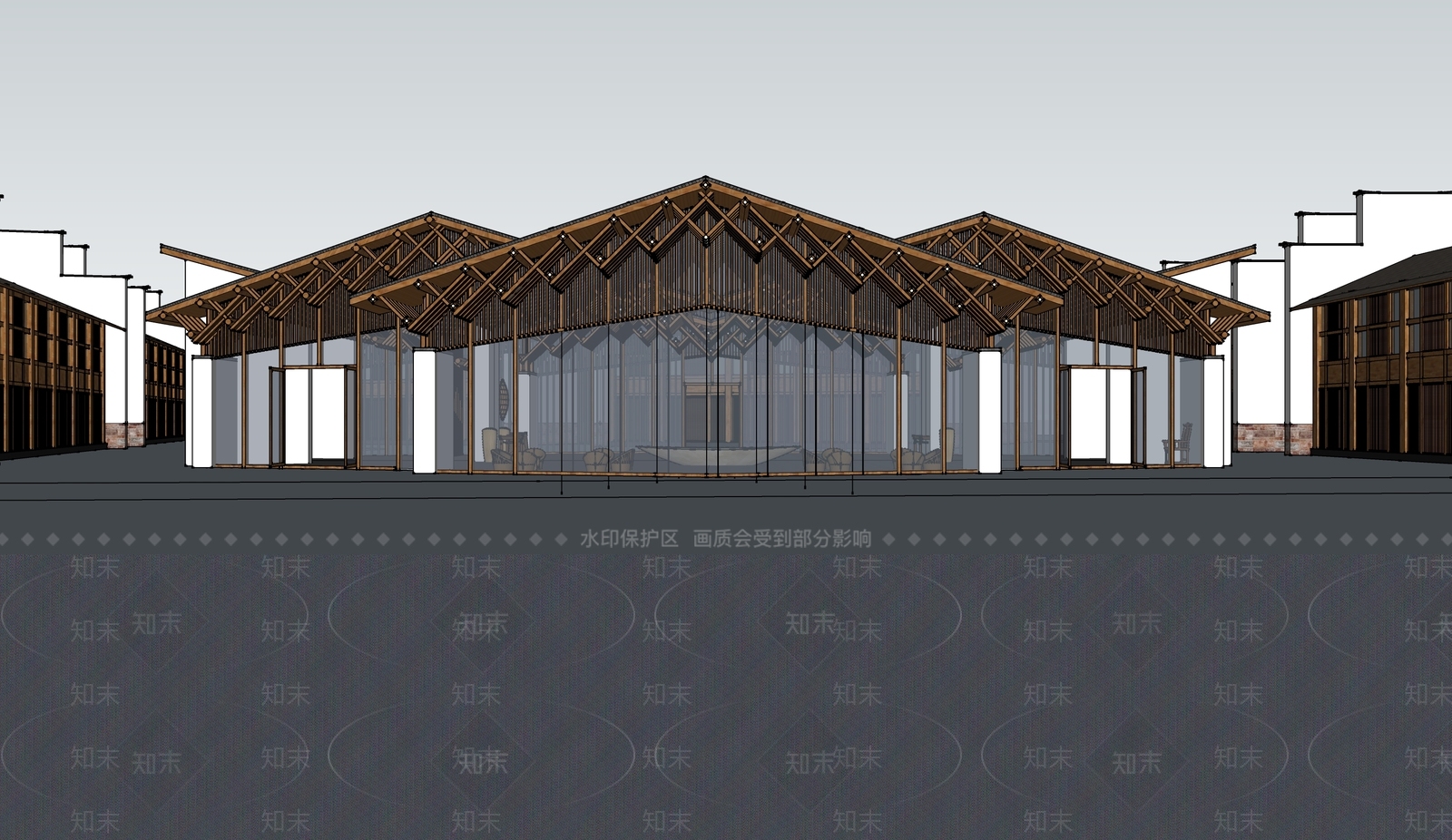 现代新中式酒店建筑SU模型下载【ID:1191558574】