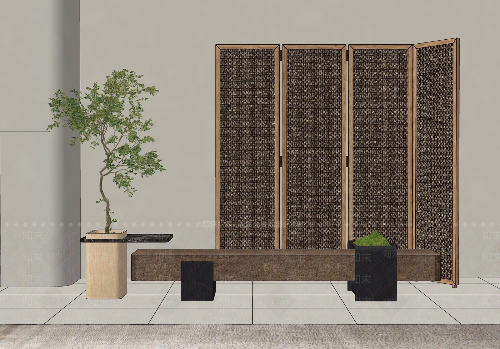 中古侘寂屏风SU模型下载【ID:1191561737】