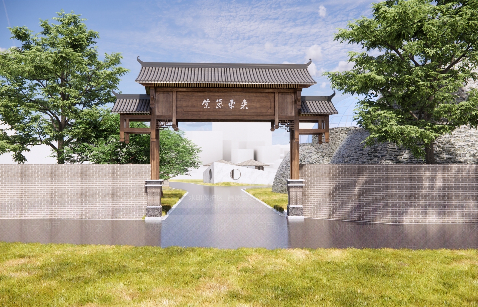 现代新中式入口大门SU模型下载【ID:1191567738】