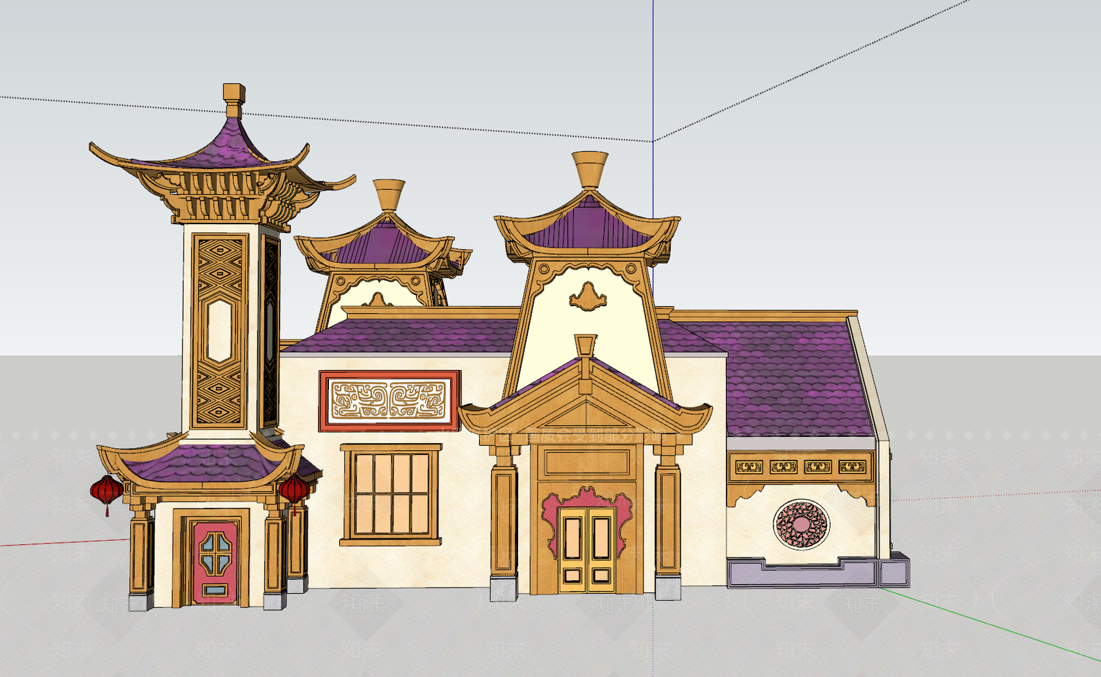 复古新中式古建筑SU模型下载【ID:1191575436】