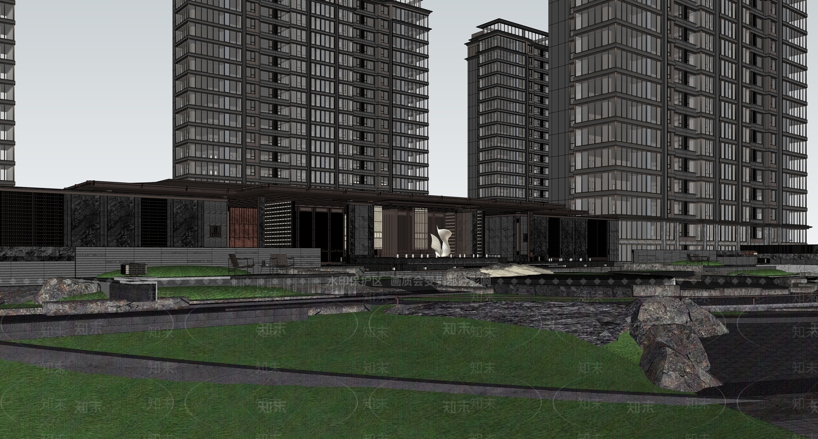 新中式小区建筑SU模型下载【ID:1191584652】