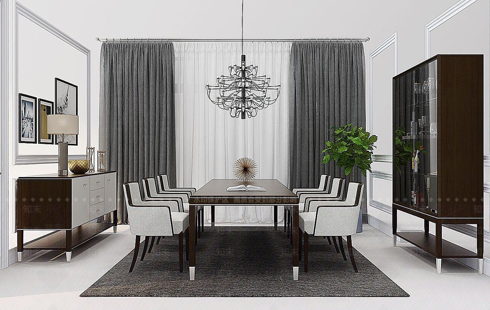 简欧餐厅餐桌椅酒柜3D模型下载【ID:1191608861】