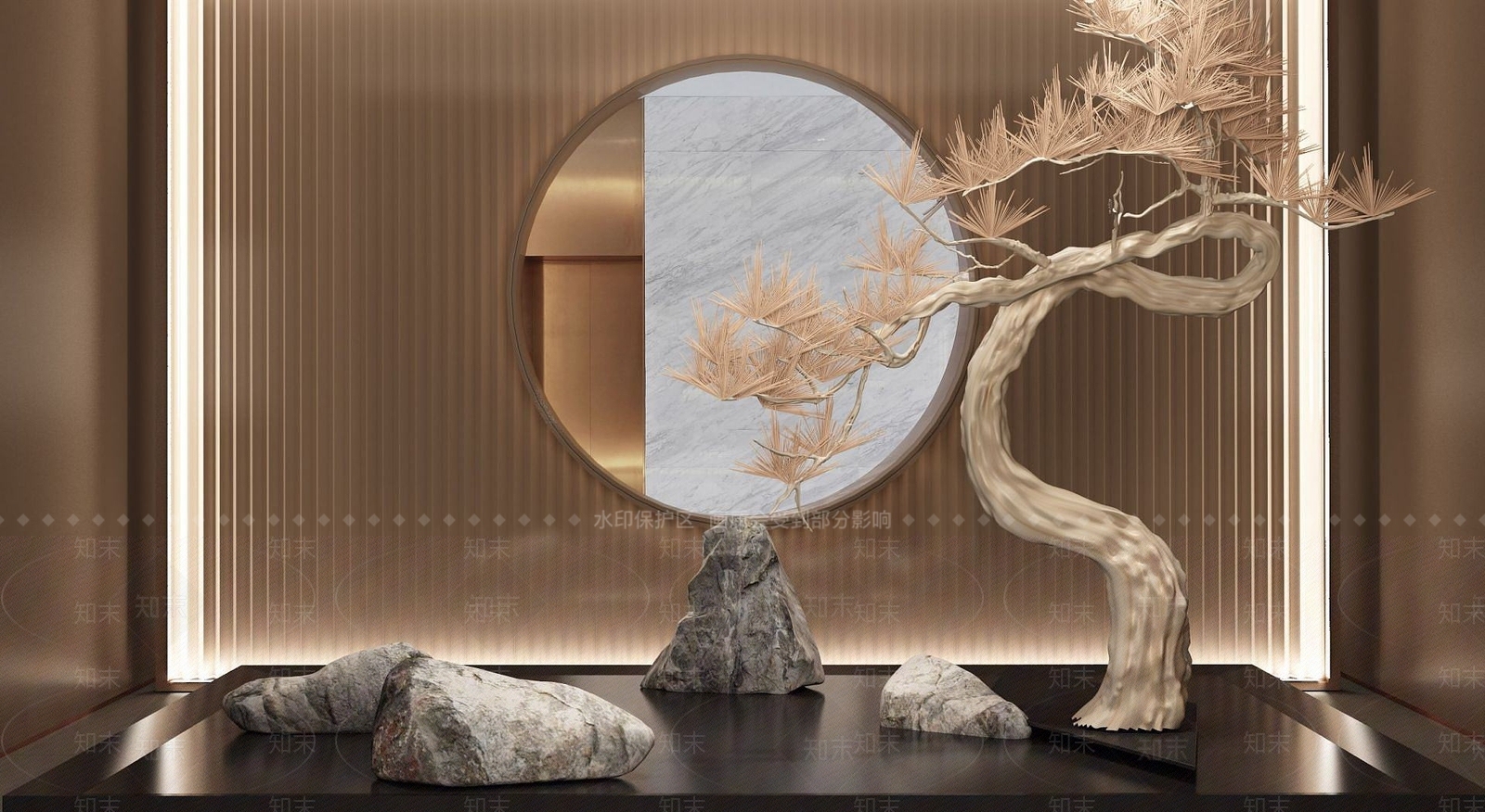 新中式枯树石头景观小品3D模型下载【ID:1191652867】