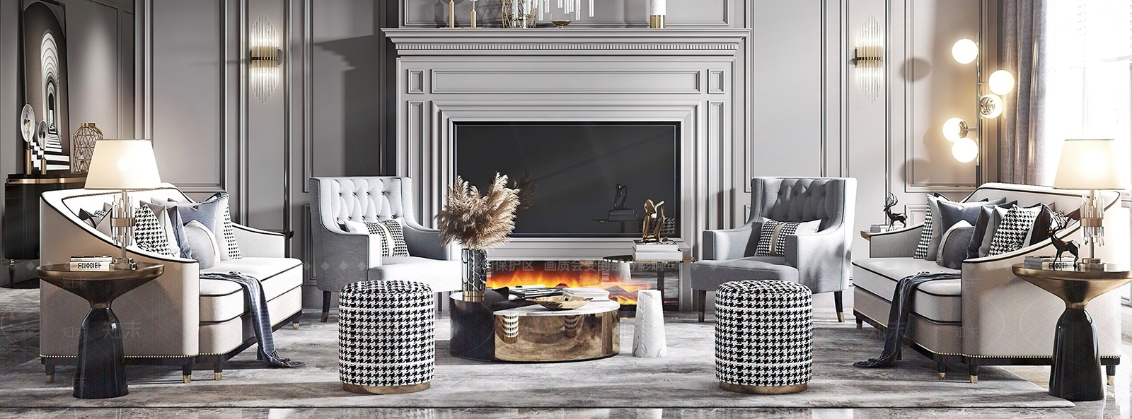 美式轻奢家居客厅3D模型下载【ID:1191669407】