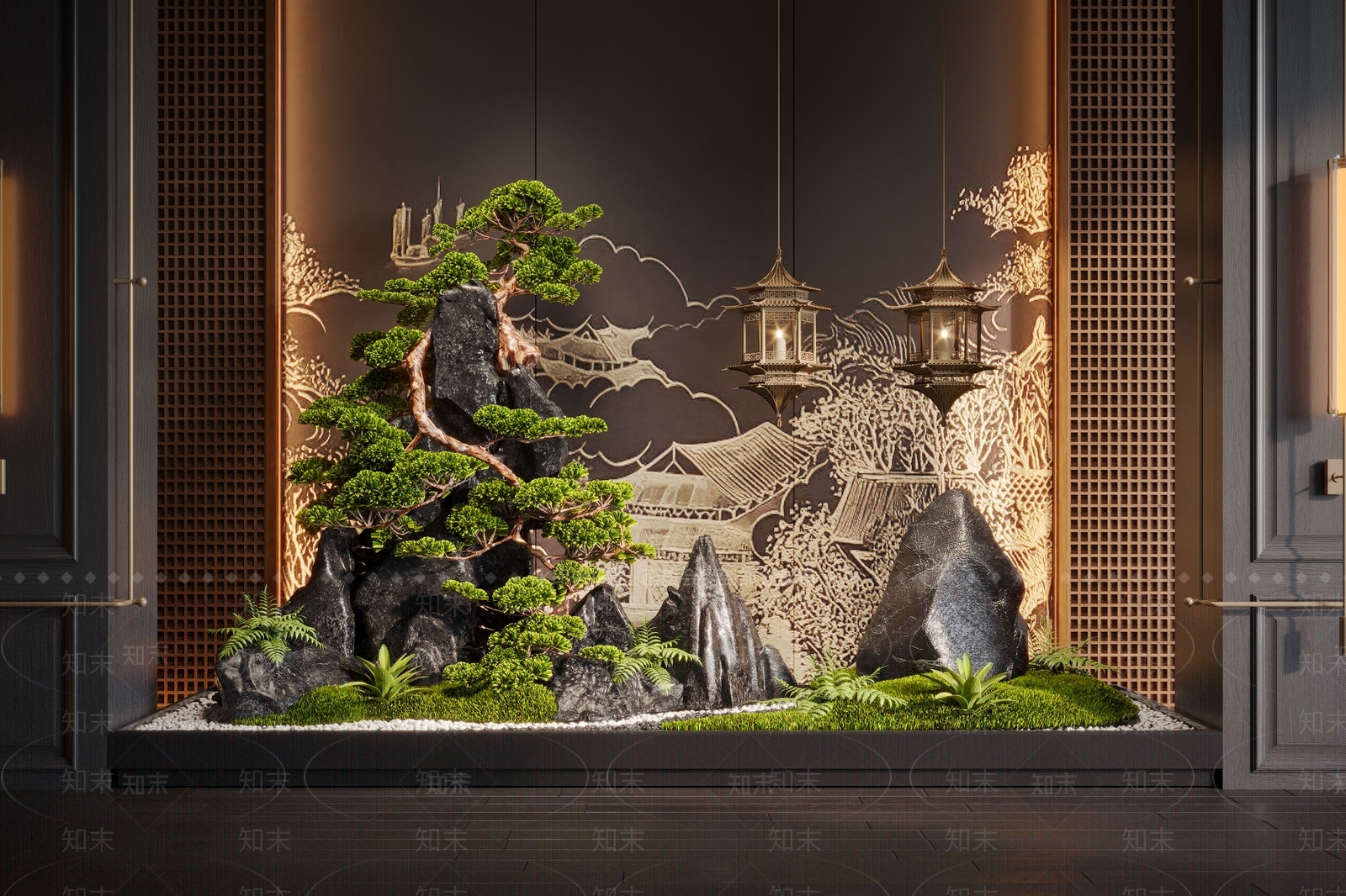 新中式室内景观SU模型下载【ID:1191698289】