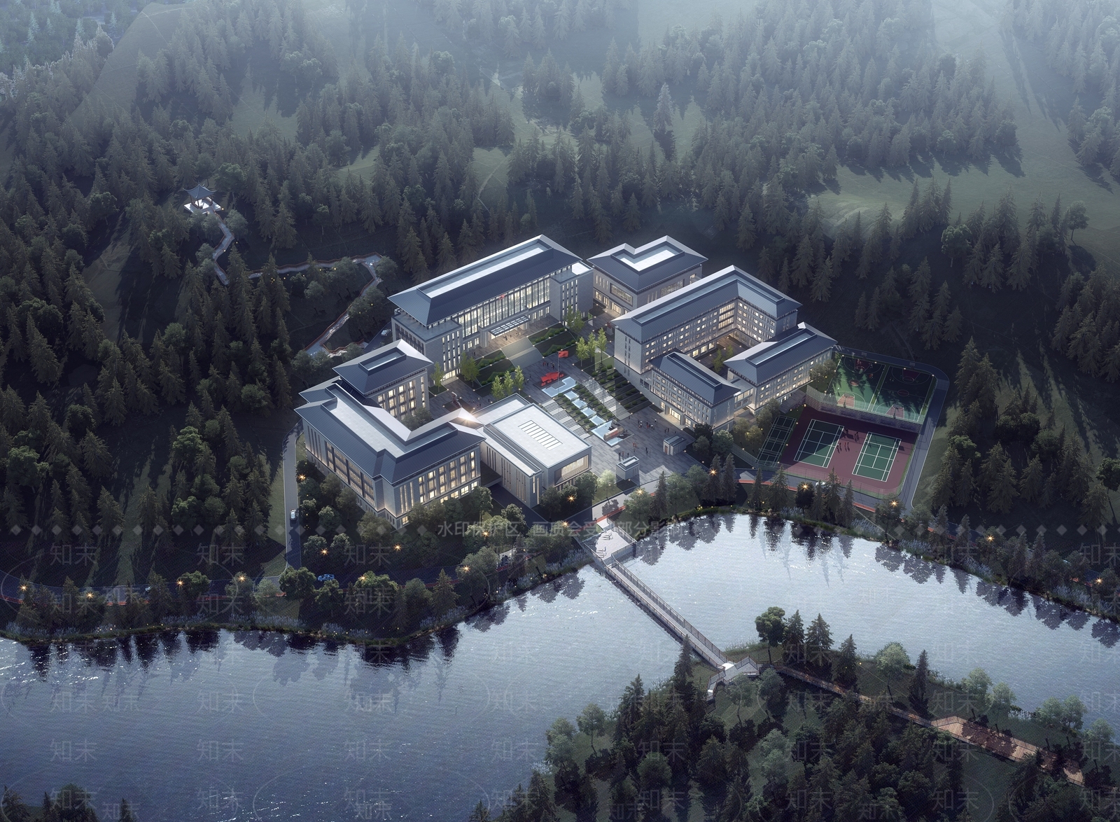 新中式中式学校建筑SU模型下载【ID:1191705586】