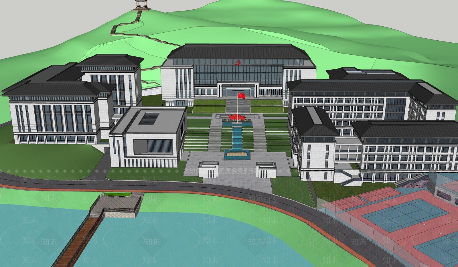 新中式中式学校建筑SU模型下载【ID:1191705586】