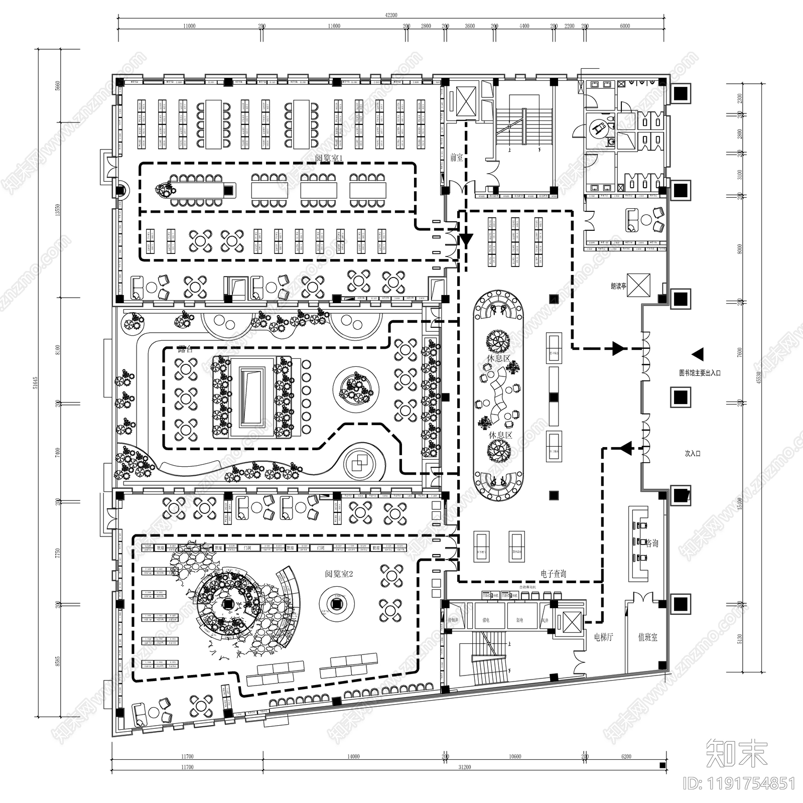 现代图书馆cad施工图下载【ID:1191754851】
