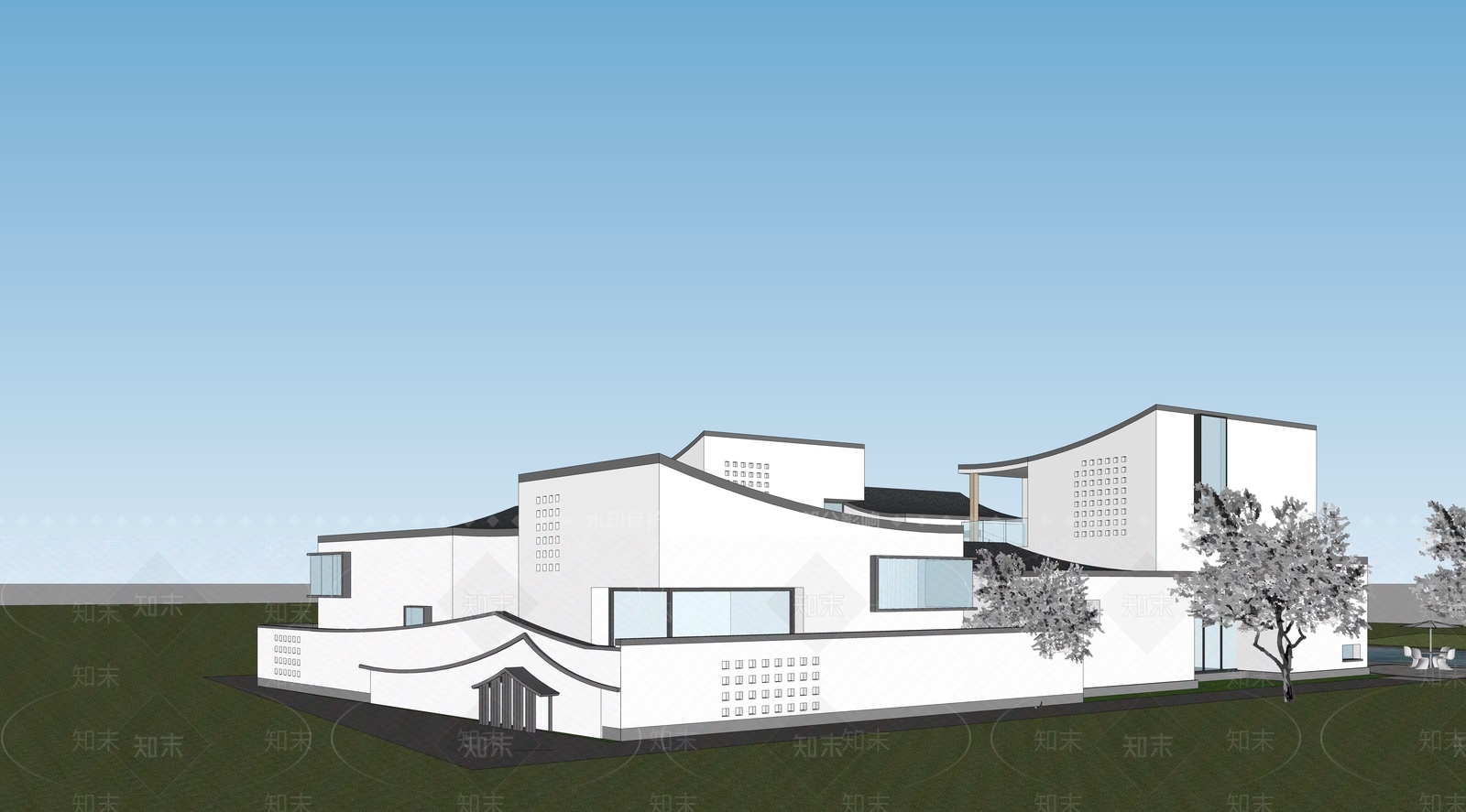 新中式现代民宿建筑SU模型下载【ID:1191793204】