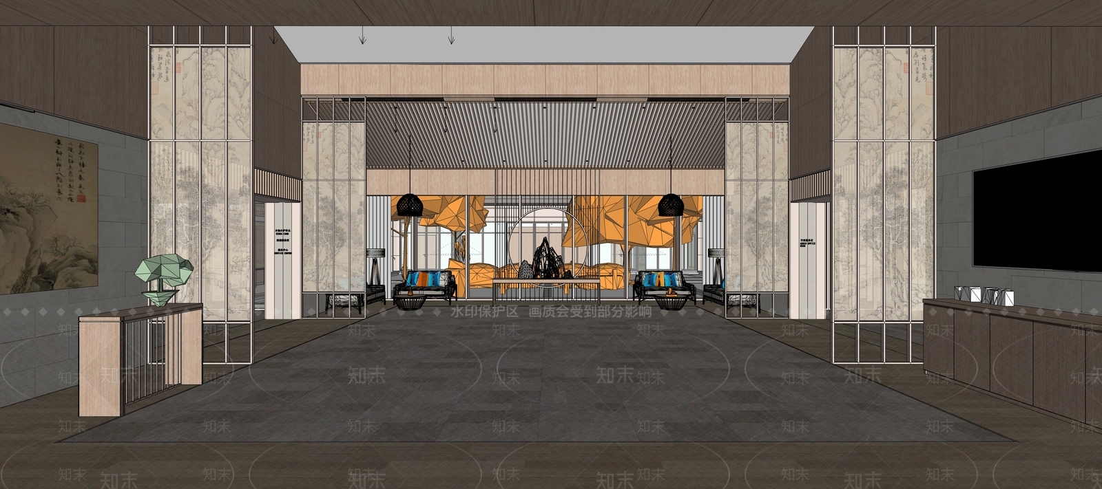 新中式现代酒店大堂SU模型下载【ID:1191805559】