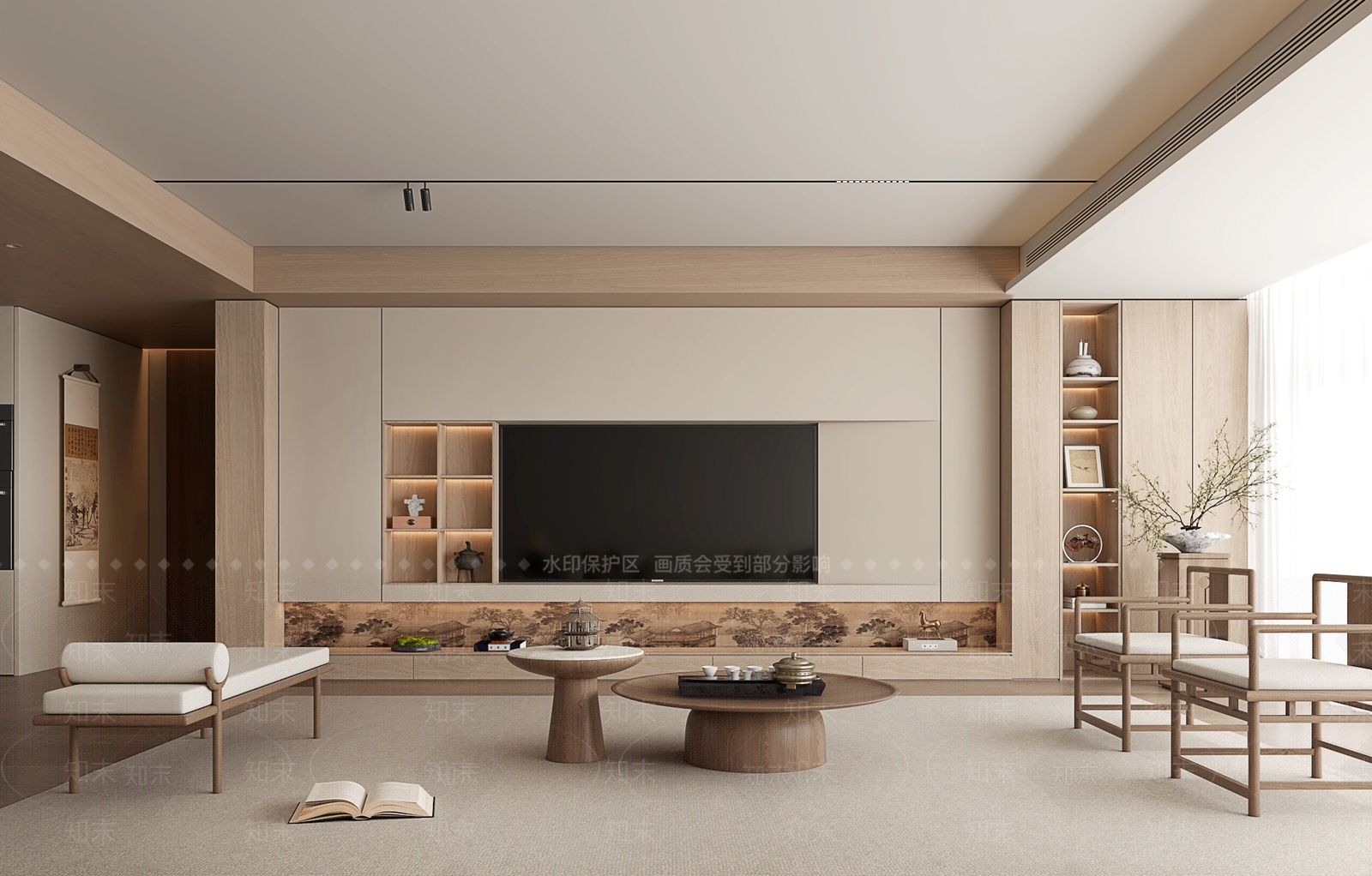 新中式家居客厅3D模型渲染效果图