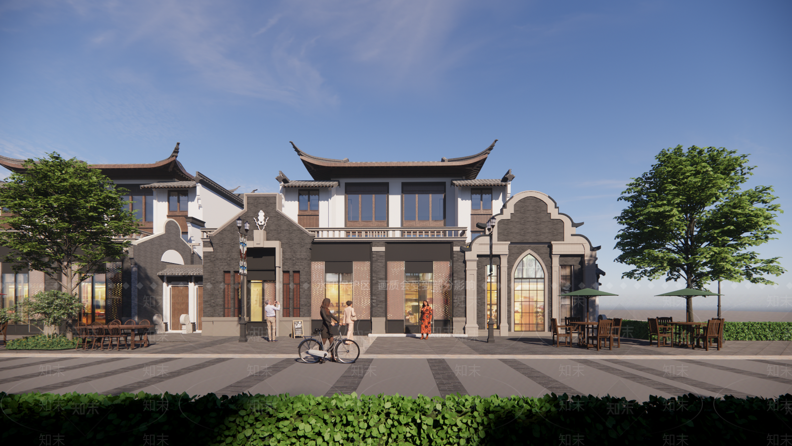 欧式中式商业街SU模型下载【ID:1191837708】