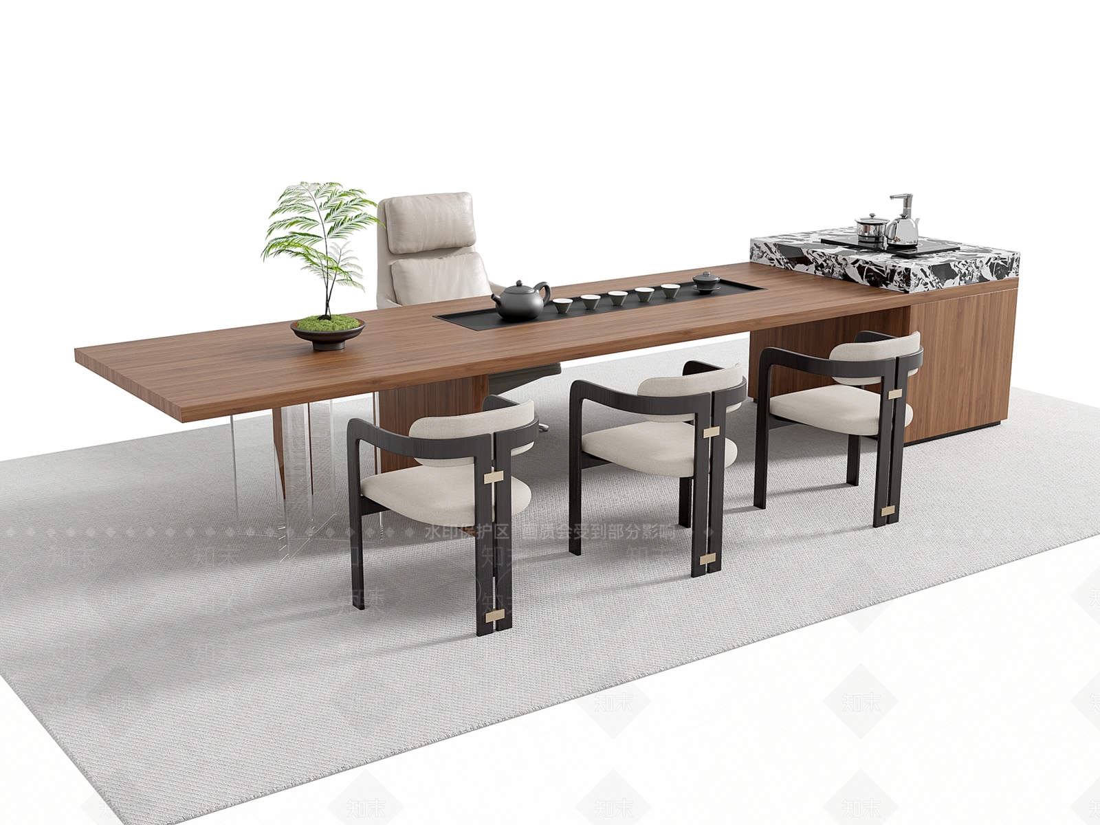 现代新中式办公桌椅3D模型下载【ID:1191851579】