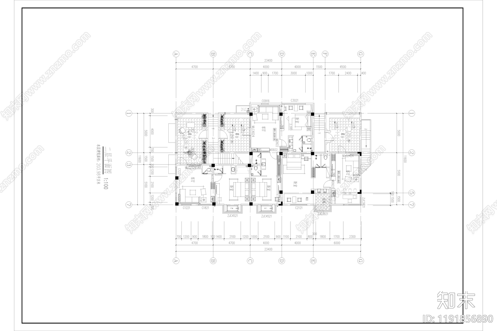 现代简约民宿建筑cad施工图下载【ID:1191856890】
