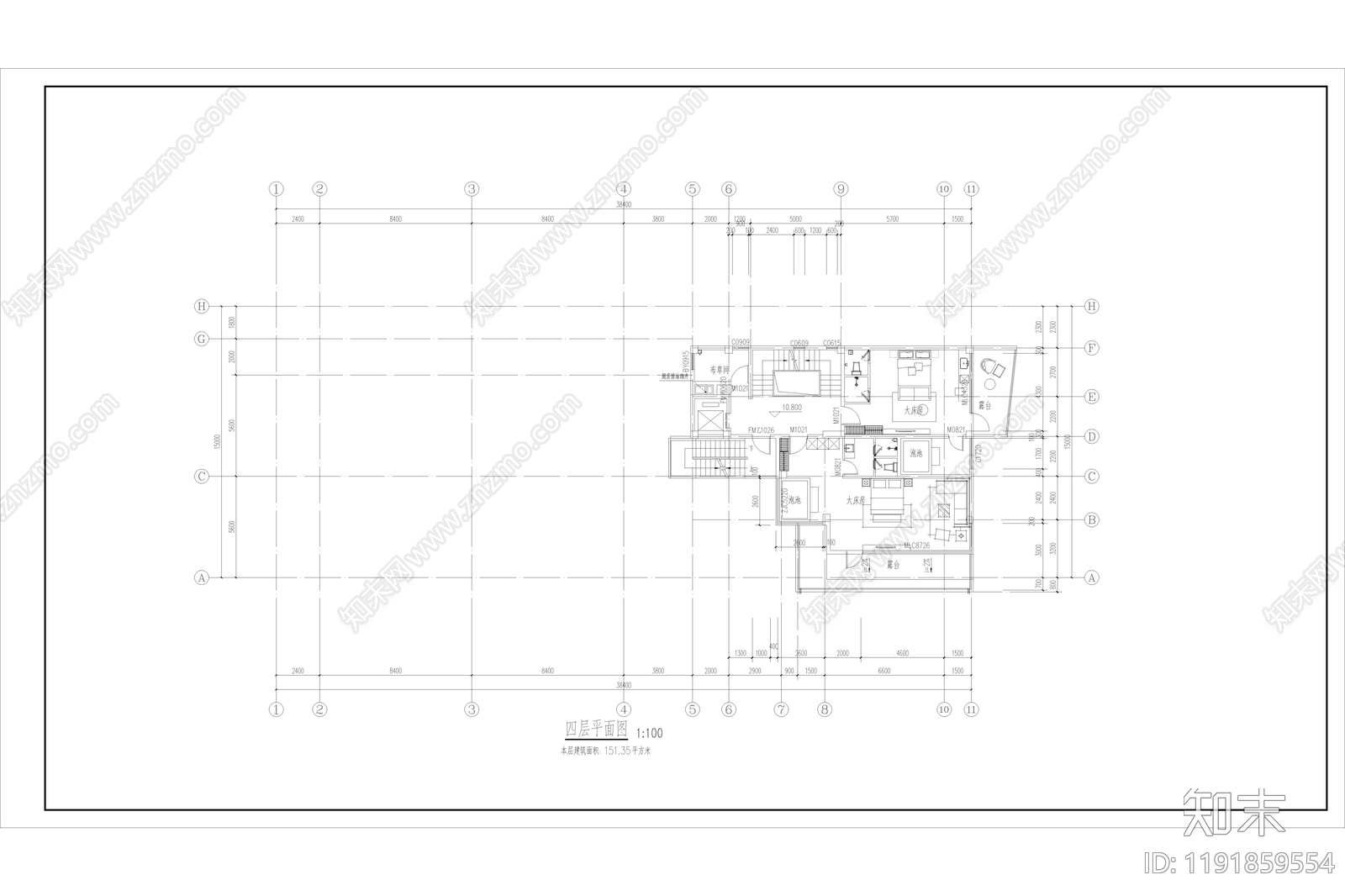 现代简约民宿建筑cad施工图下载【ID:1191859554】
