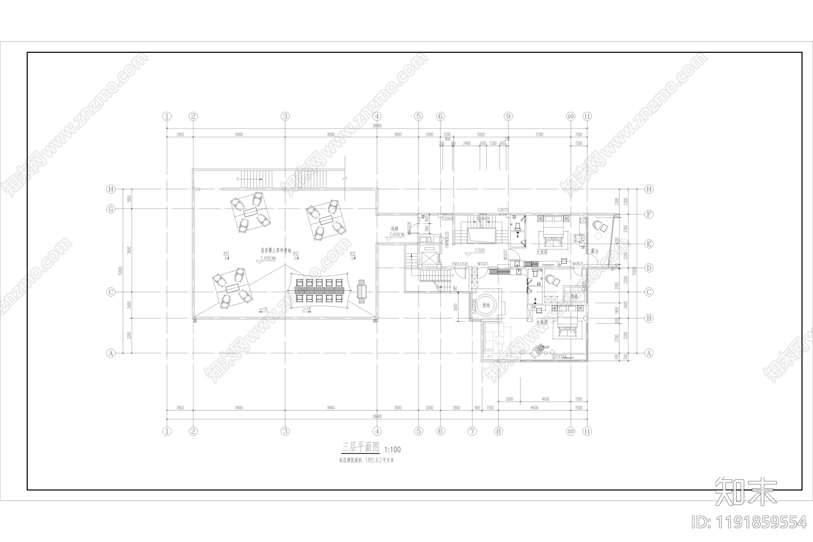 现代简约民宿建筑cad施工图下载【ID:1191859554】