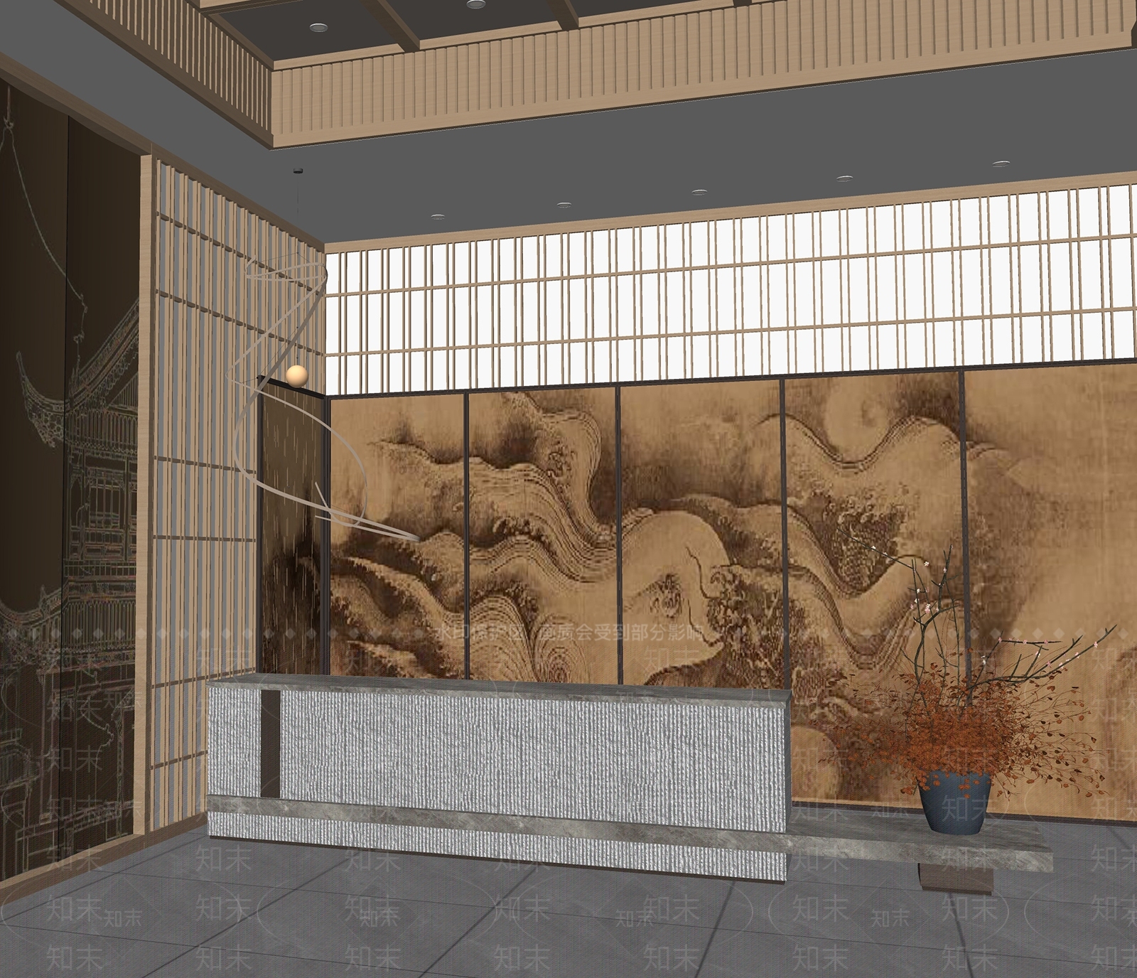 新中式酒店大堂SU模型下载【ID:1191867759】