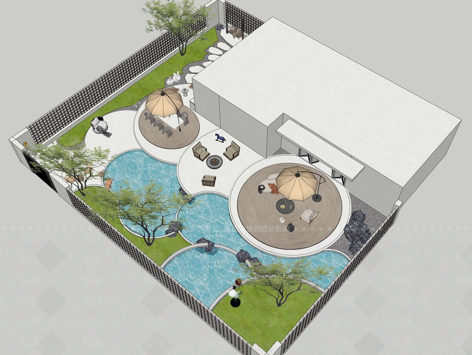 奶油简约别墅庭院SU模型下载【ID:1191873045】