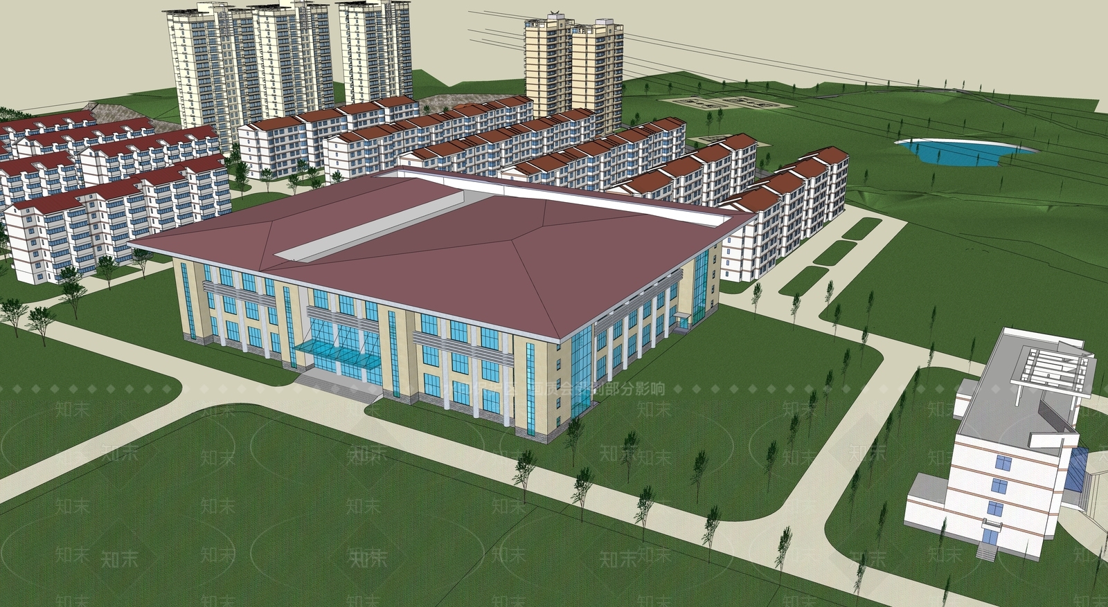 现代新中式图书馆建筑SU模型下载【ID:1191896340】