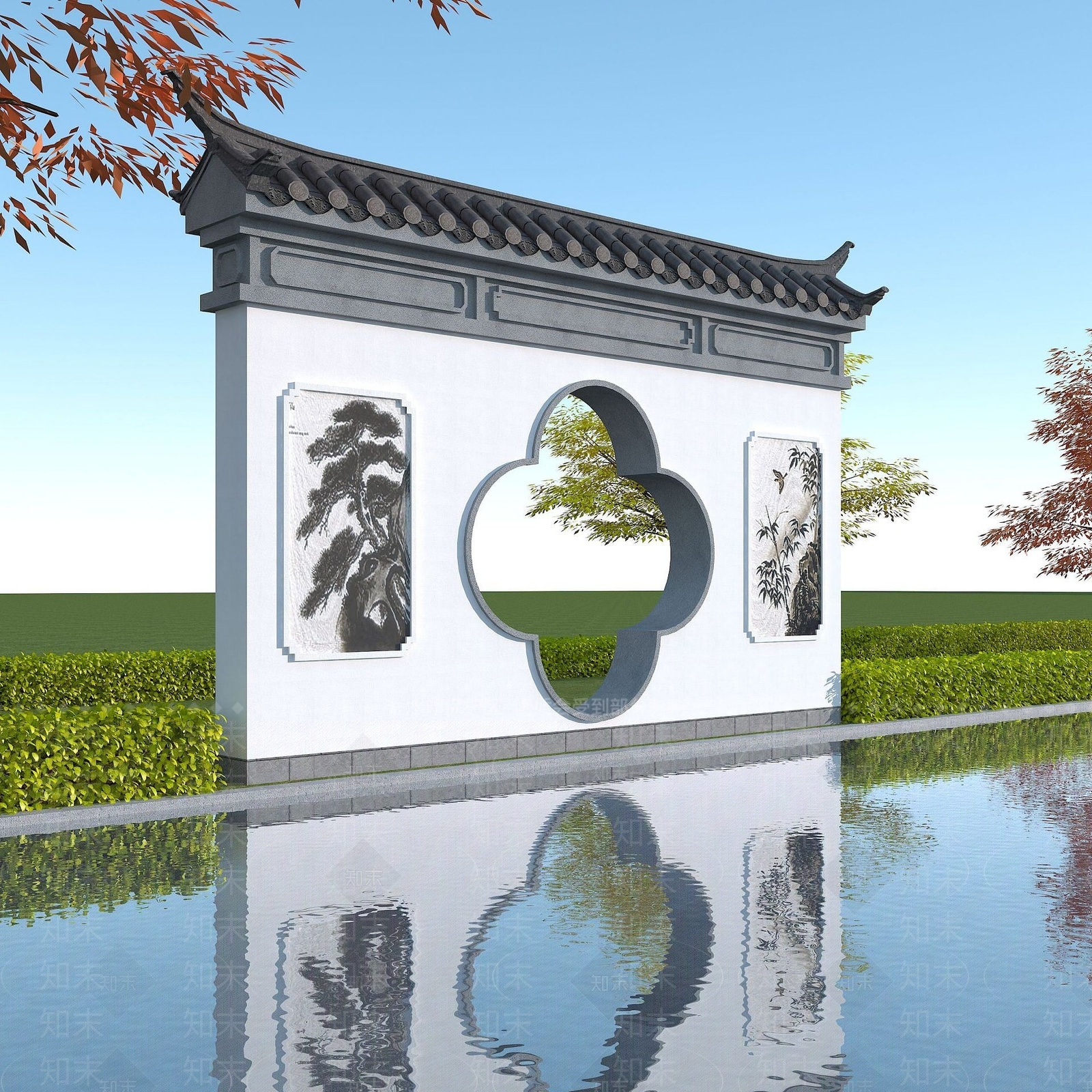 中式景墙梅花门3D模型下载【ID:1191903486】