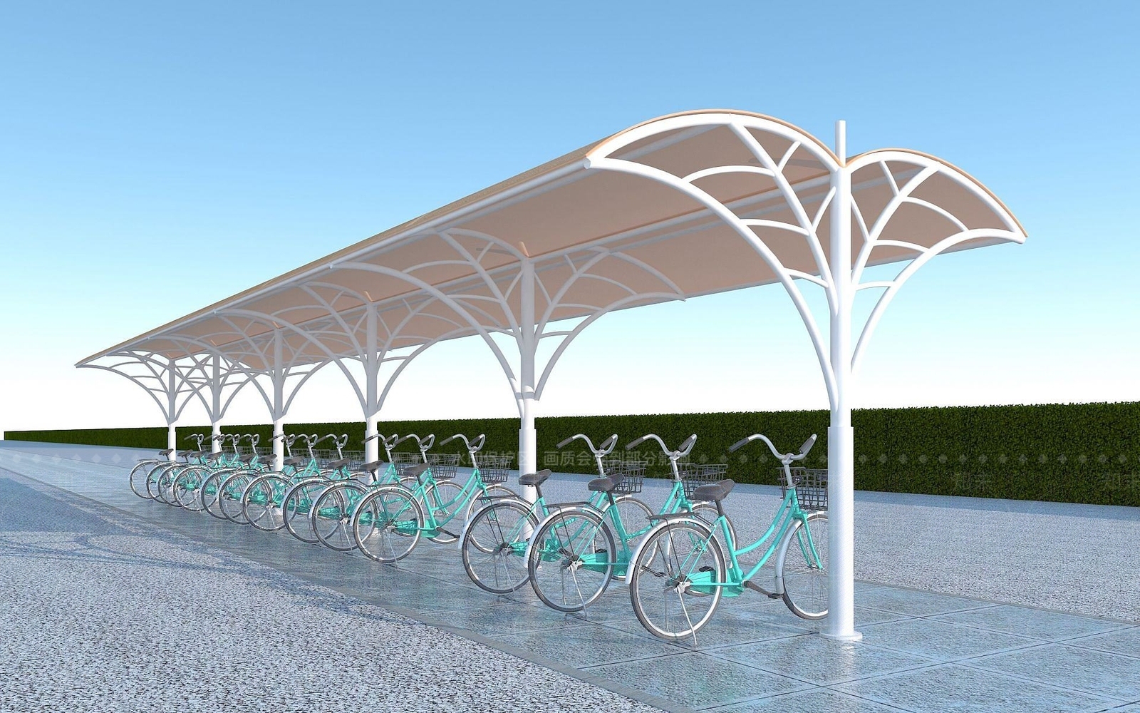 现代钢结构非机动车棚3D模型下载【ID:1191903917】