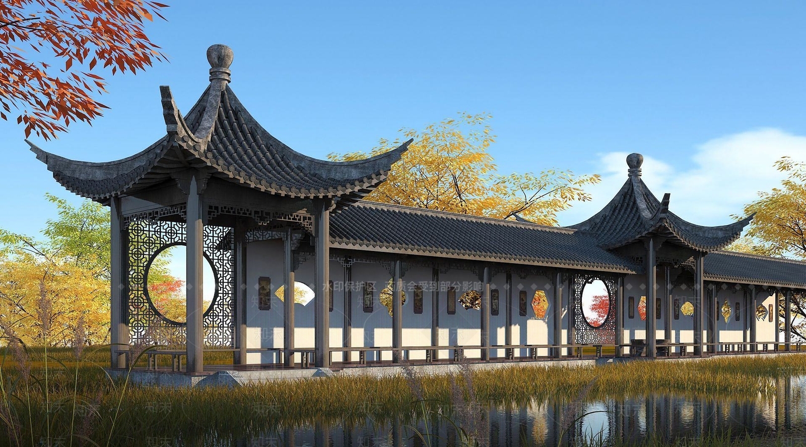 现代古建长廊亭子3D模型下载【ID:1191913409】