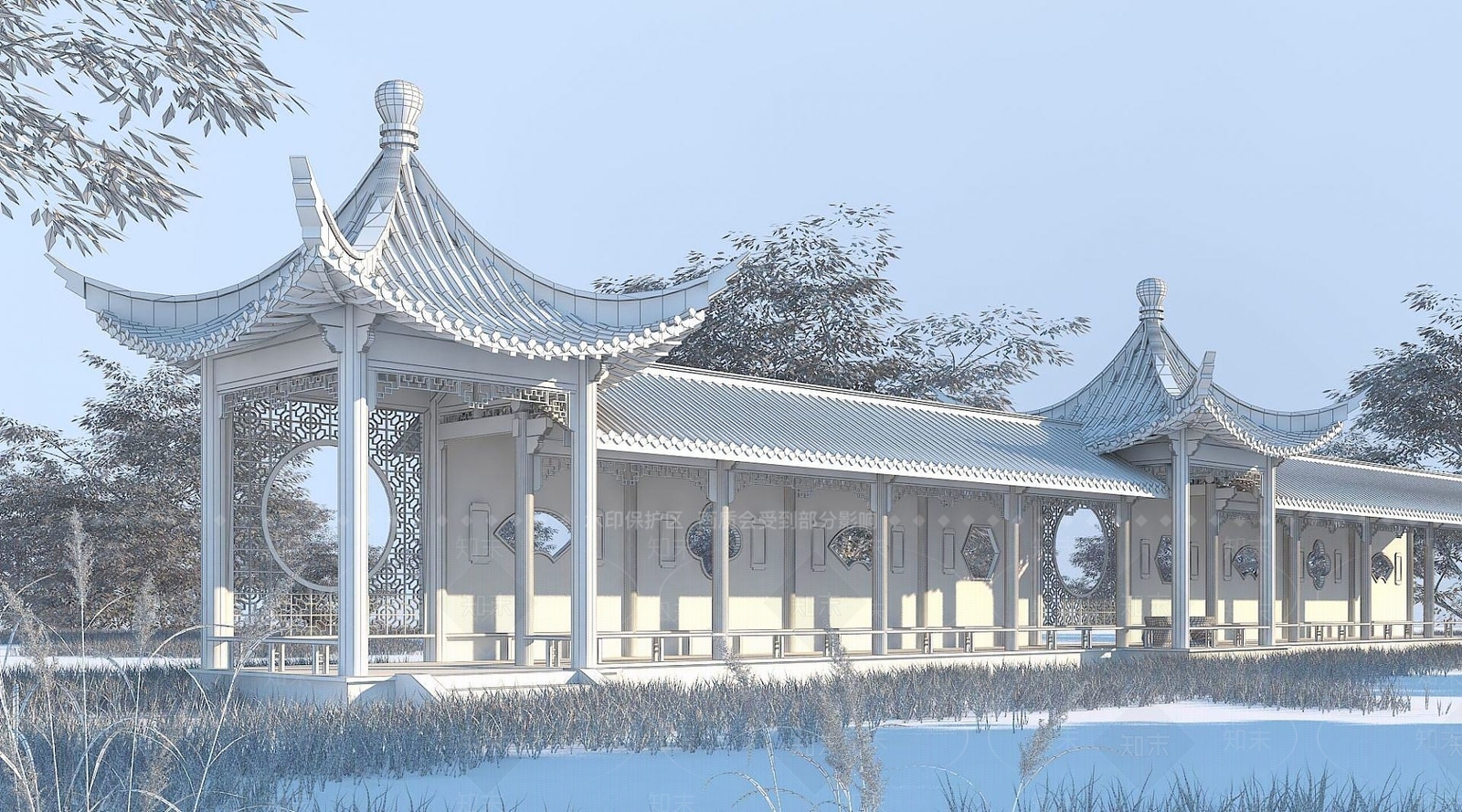 现代古建长廊亭子3D模型下载【ID:1191913409】