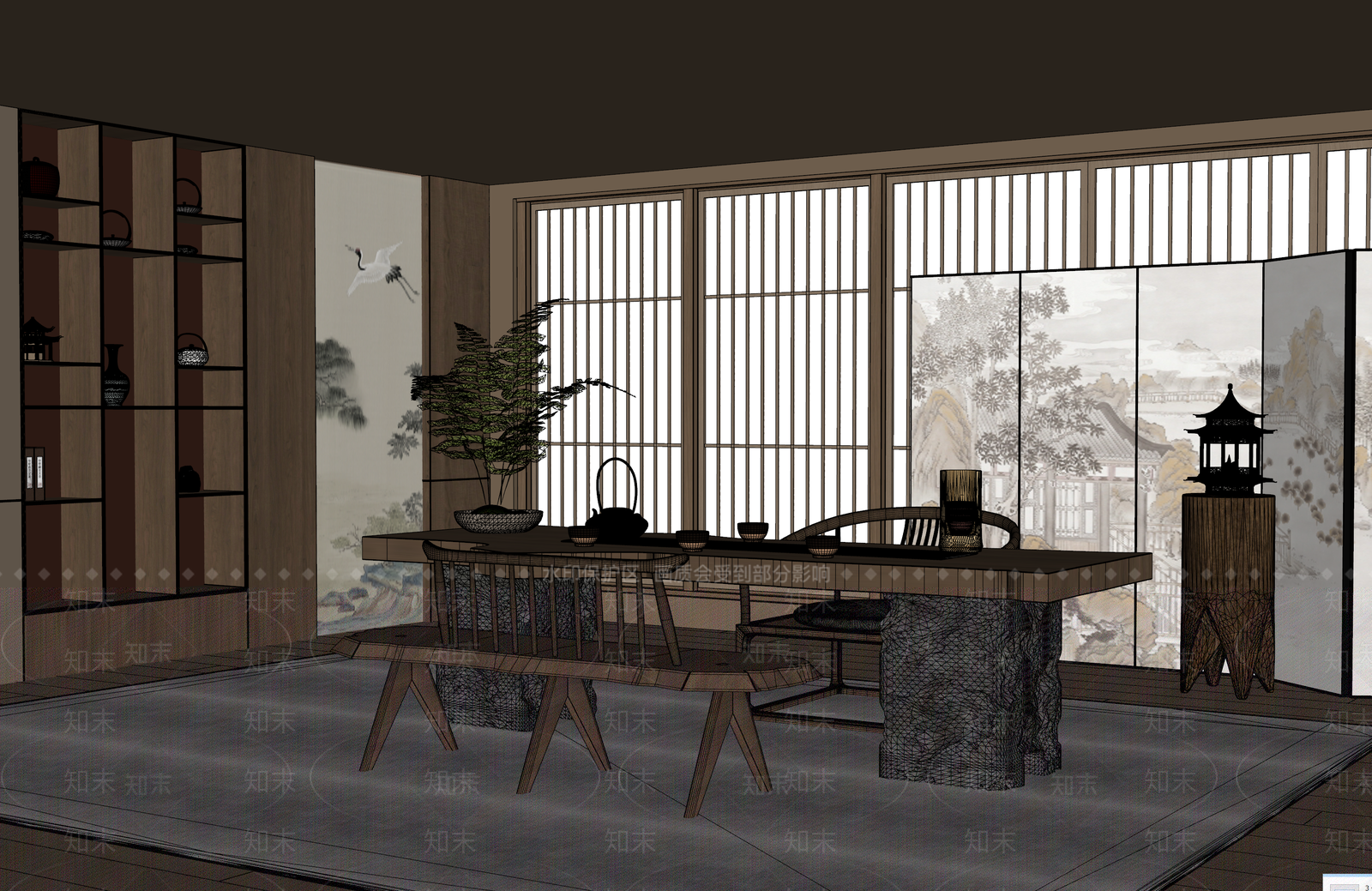 新中式禅意茶室SU模型下载【ID:1191917305】