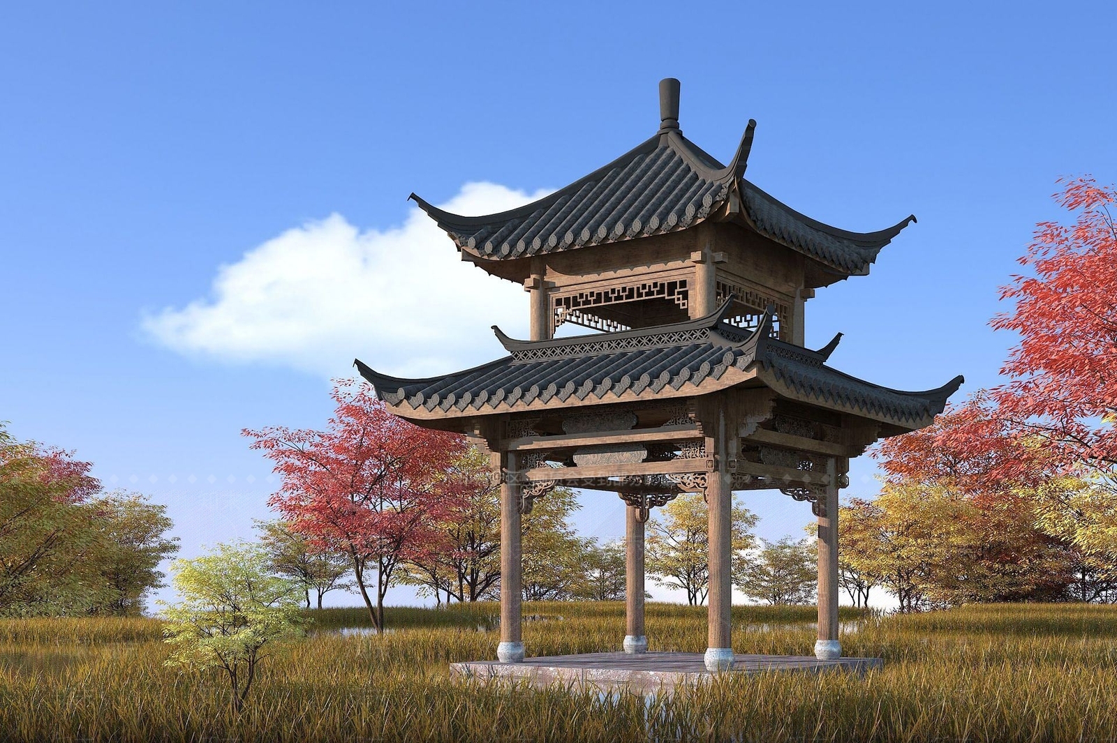 现代古建亭子3D模型下载【ID:1191922542】