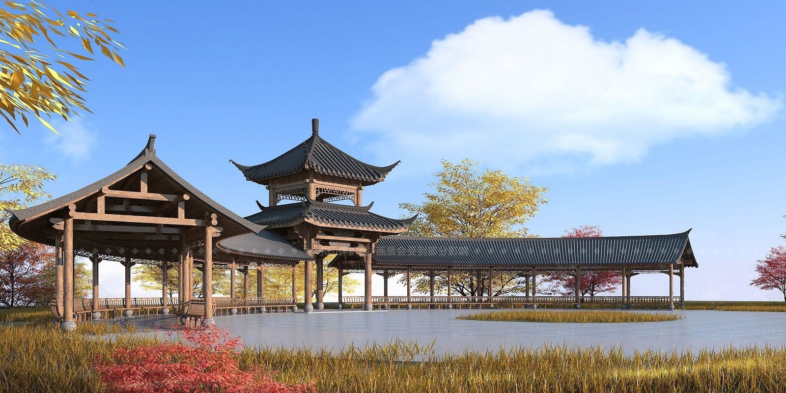 现代古建弧形长廊亭子3D模型下载【ID:1191922791】