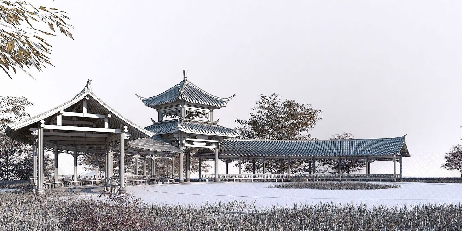 现代古建弧形长廊亭子3D模型下载【ID:1191922791】
