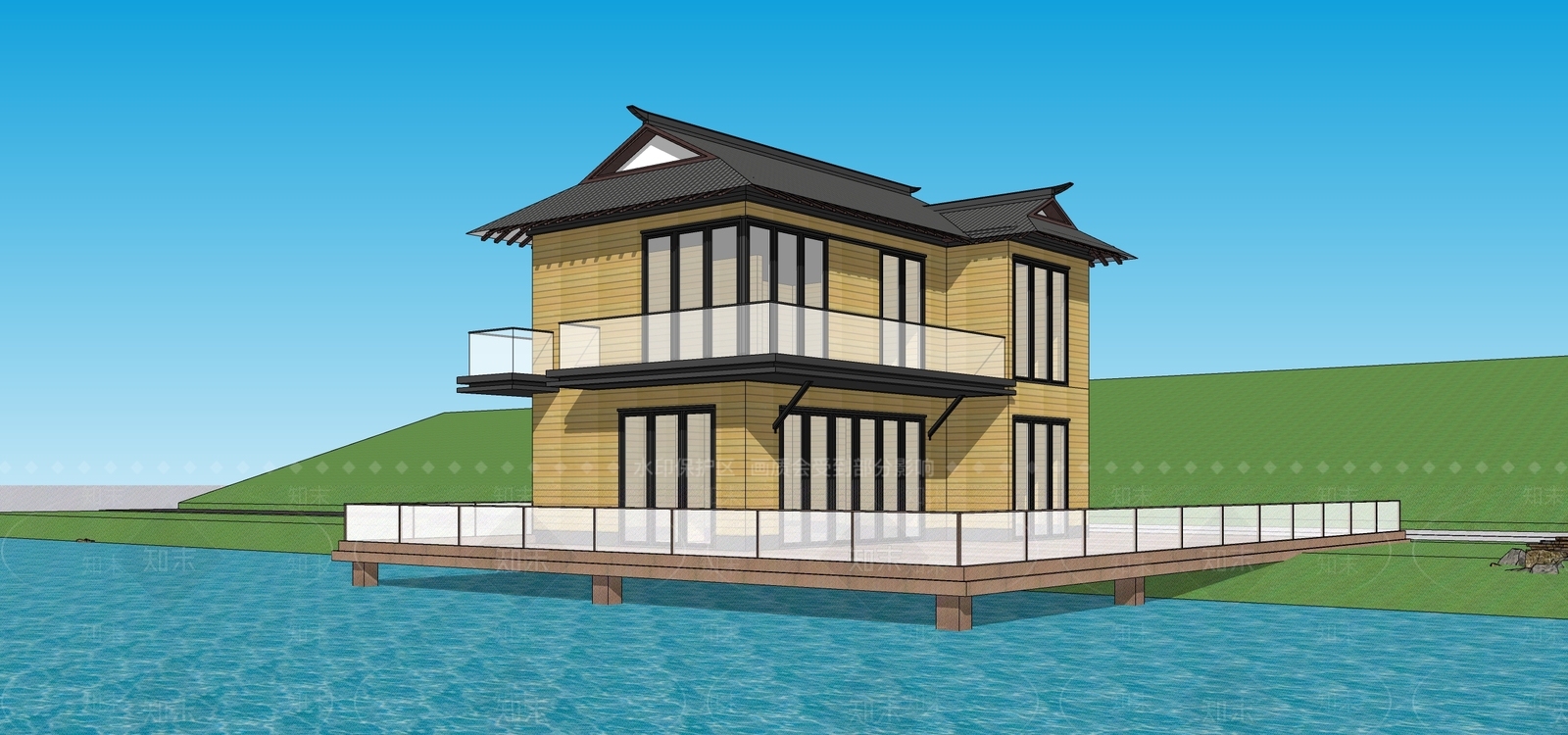 现代新中式民宿建筑SU模型下载【ID:1191923562】