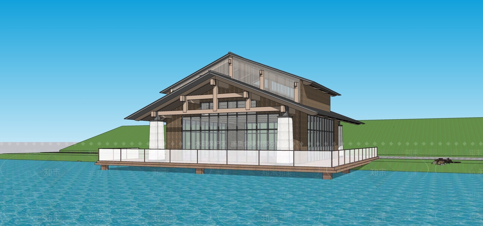 现代新中式民宿建筑SU模型下载【ID:1191923870】