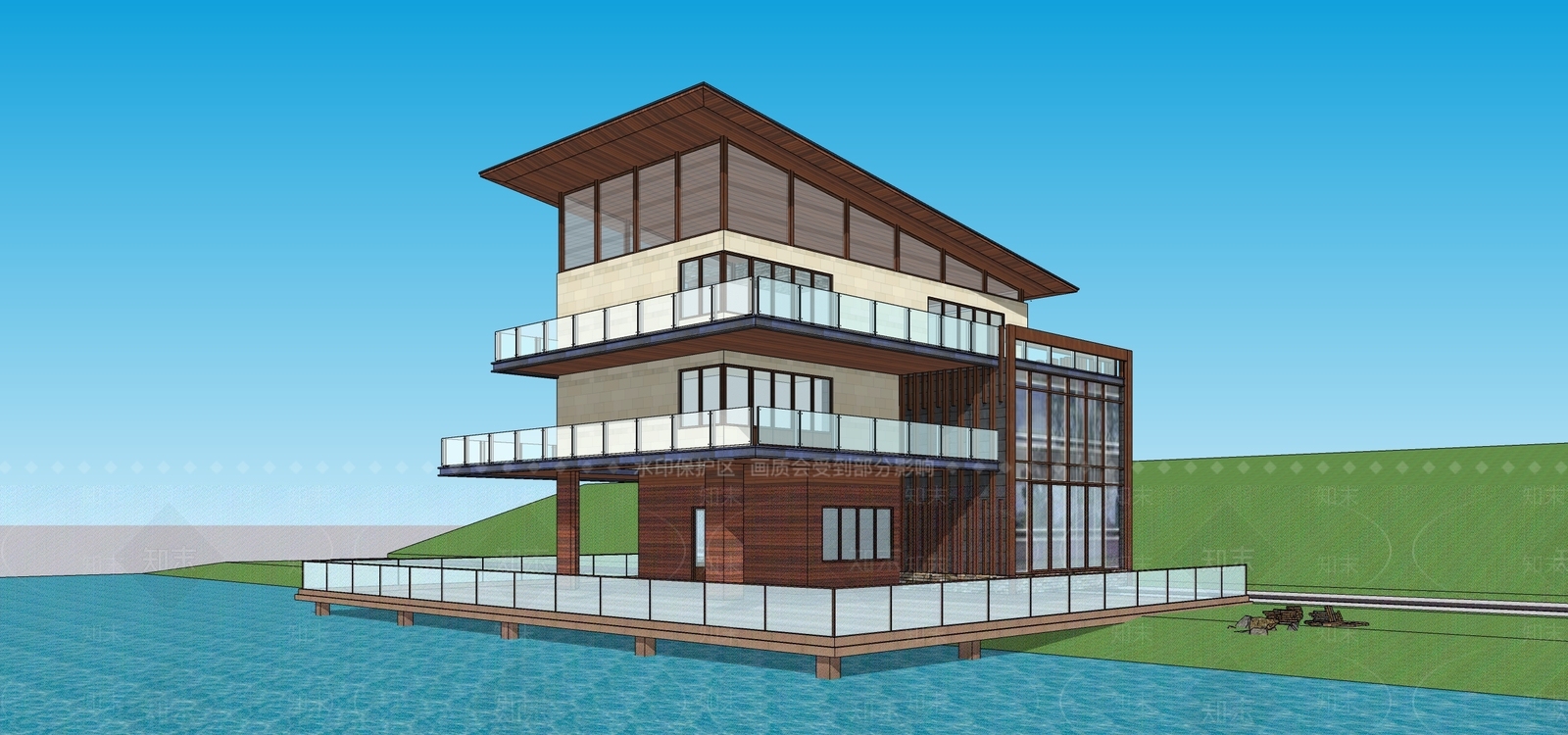 现代新中式民宿建筑SU模型下载【ID:1191925230】