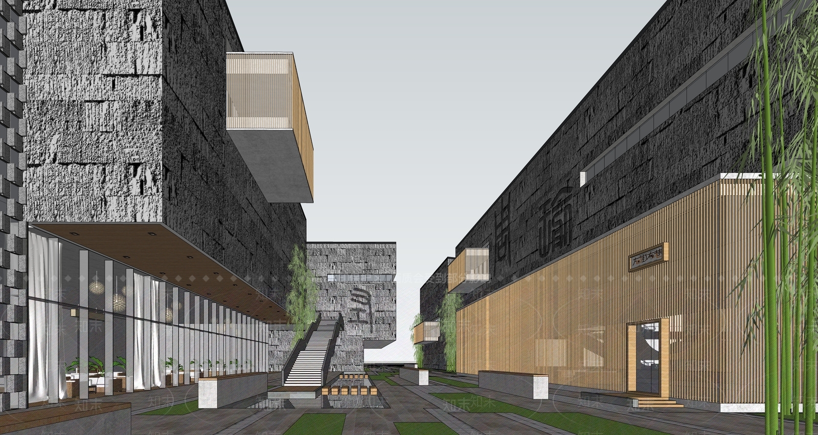 新中式中式展览馆建筑SU模型下载【ID:1191932727】