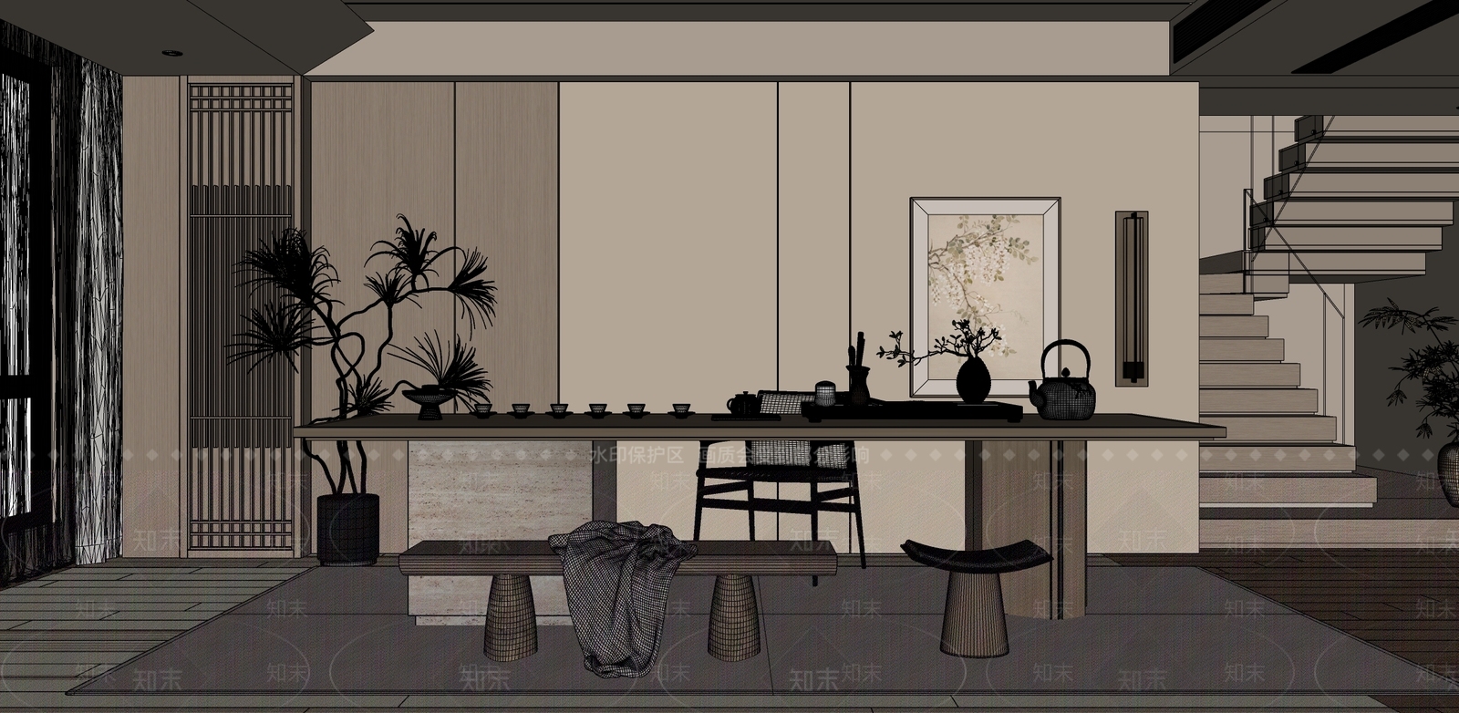 新中式中式茶室SU模型下载【ID:1191952921】