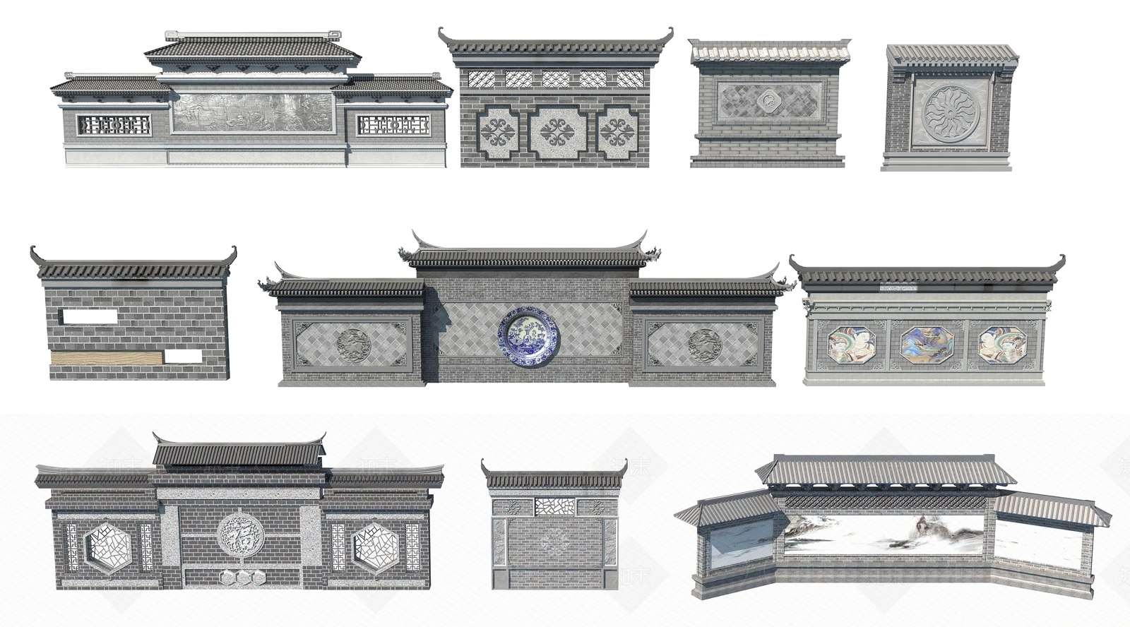 新中式景墙3D模型下载【ID:1191990894】
