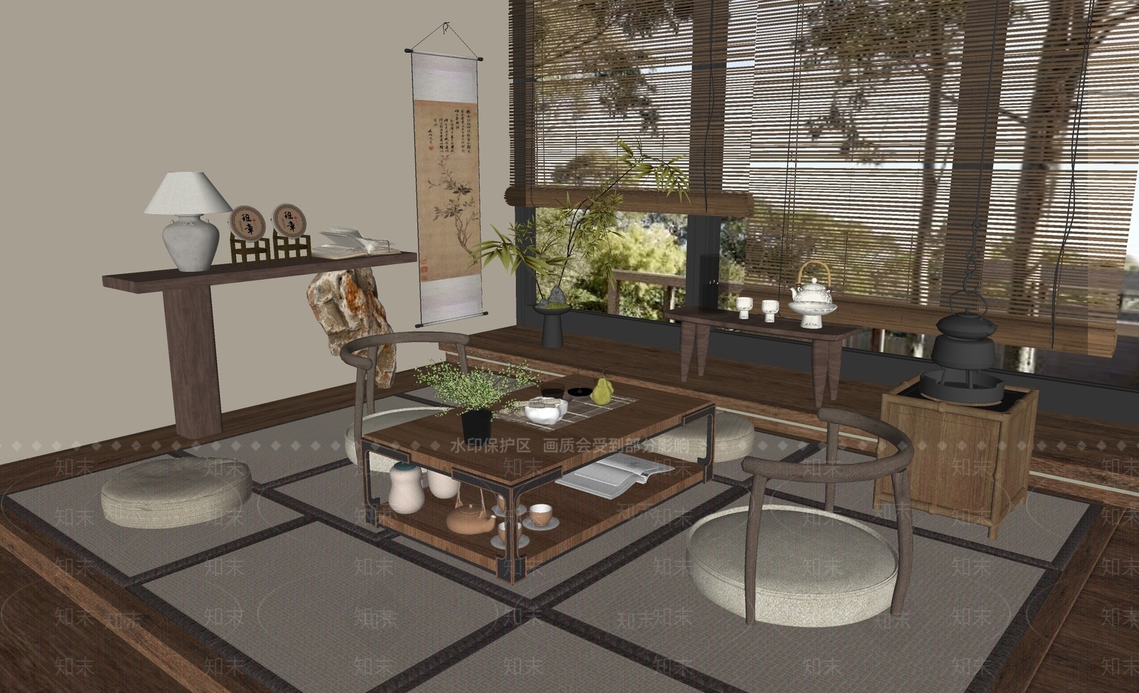 新中式中古茶室SU模型下载【ID:1192038124】