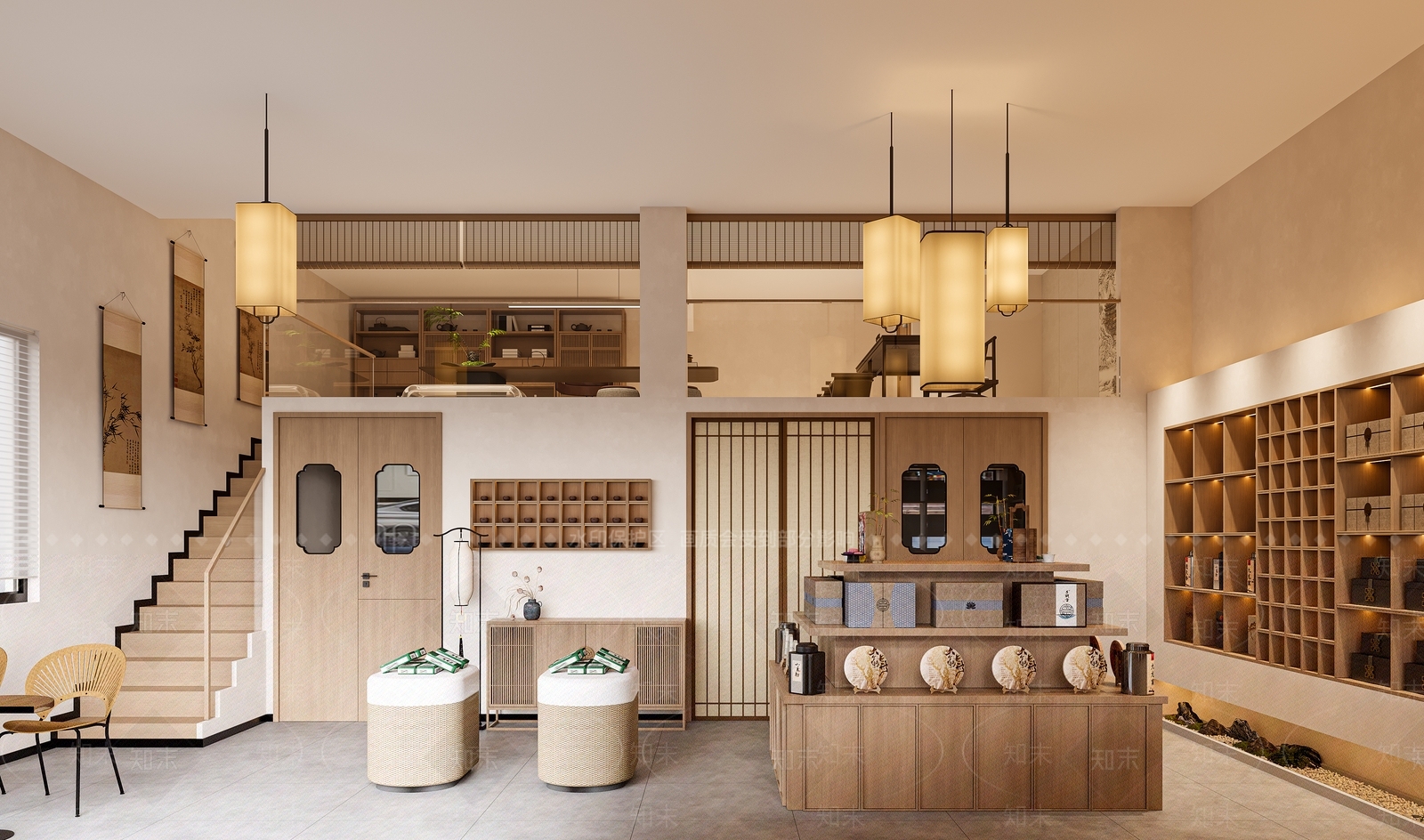 原木新中式茶叶店3D模型下载【ID:1192076979】