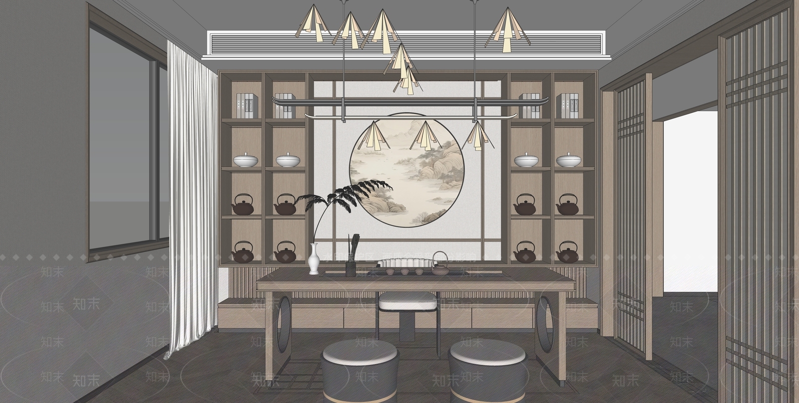 新中式茶室SU模型下载【ID:1192094926】