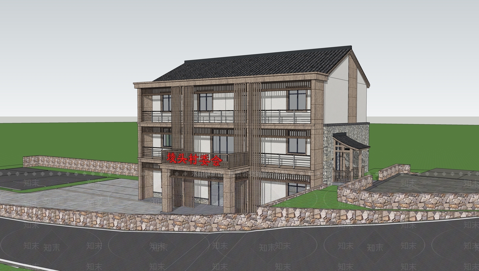 新中式原木小公建SU模型下载【ID:1192096417】