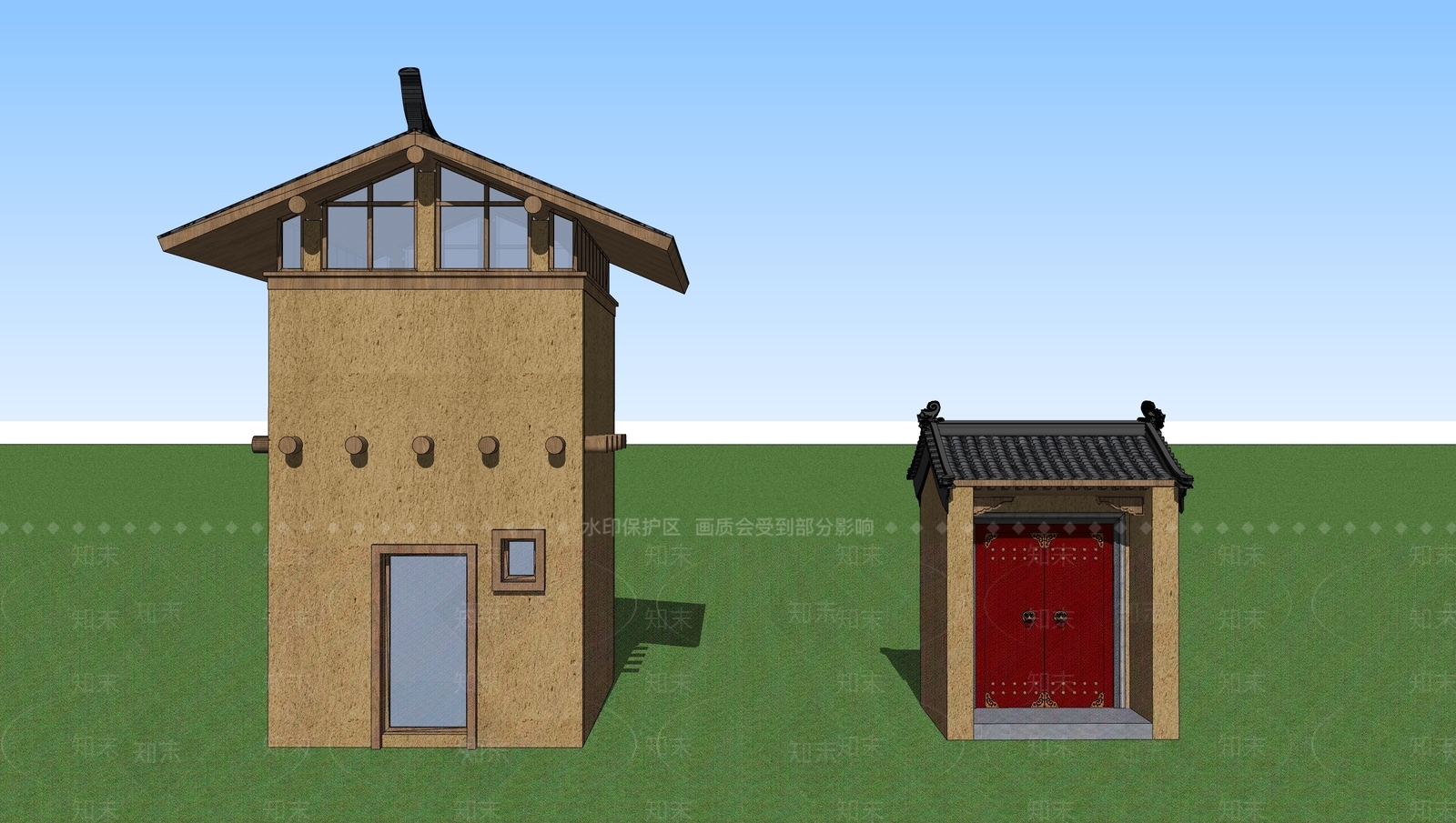 中式复古风格建筑SU模型下载【ID:1192101556】