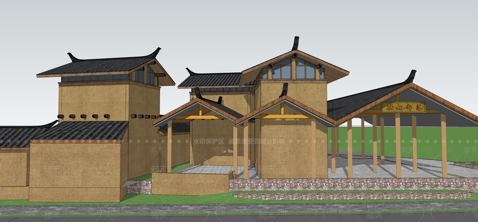 中式中古风格建筑SU模型下载【ID:1192105805】