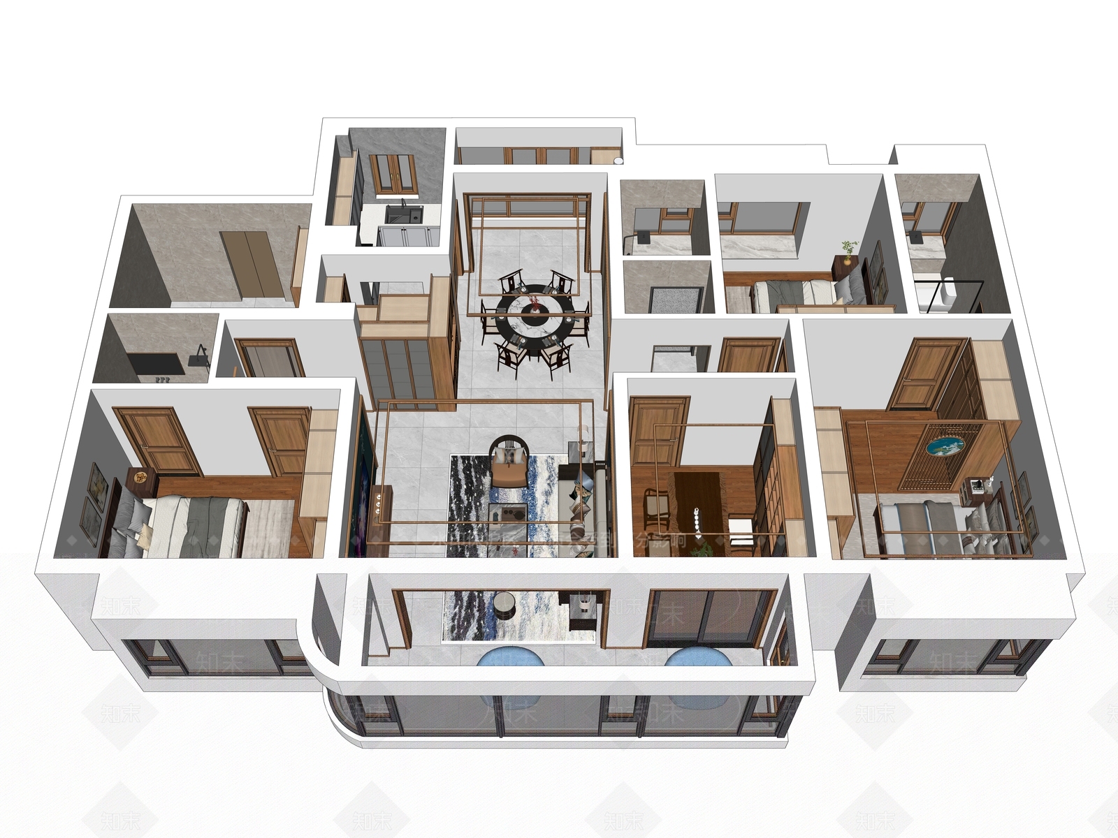 新中式中式家装鸟瞰SU模型下载【ID:1192109332】