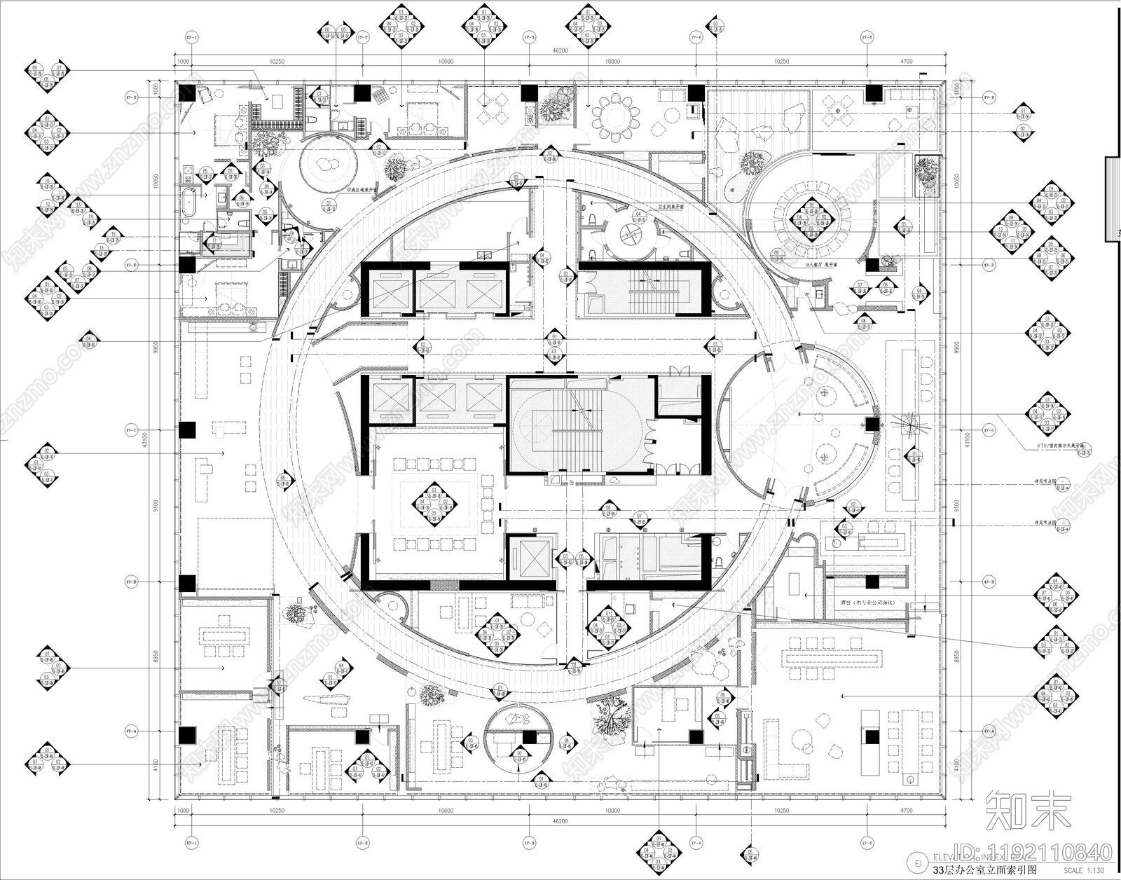 现代开放办公室cad施工图下载【ID:1192110840】